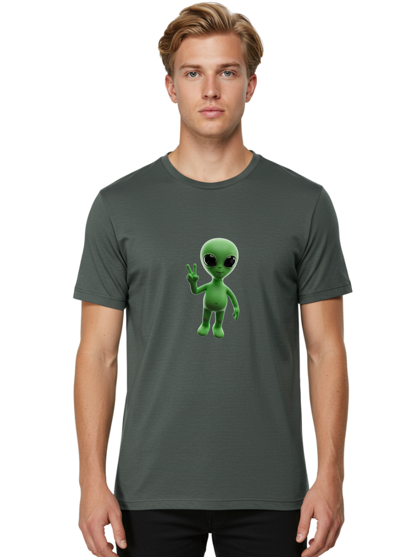 Alien-2 Men'S Graphic Tee, 100% Cotton, Comfortable Casual Summer Wear, Machine Washable, Cartoon Alien, Peace Sign, 3D Rendering, Friendly Gesture, Outer Space Character, Green Skin Tone, Black Eyes, Digital Artwork, Pop Culture Symbol Bab620