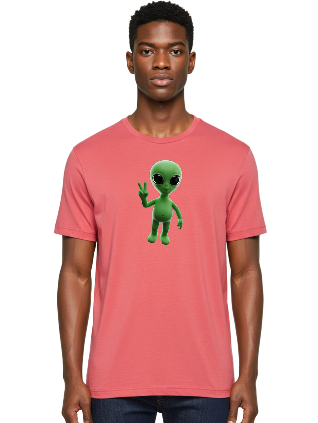 Alien-2 Men'S Graphic Tee, 100% Cotton, Comfortable Casual Summer Wear, Machine Washable, Cartoon Alien, Peace Sign, 3D Rendering, Friendly Gesture, Outer Space Character, Green Skin Tone, Black Eyes, Digital Artwork, Pop Culture Symbol Bab620