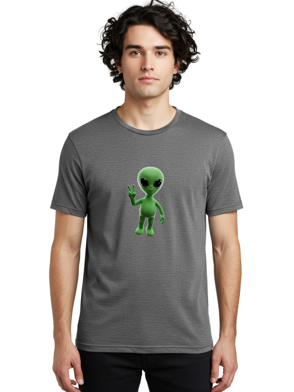 Alien-2 Men'S Graphic Tee, 100% Cotton, Comfortable Casual Summer Wear, Machine Washable, Cartoon Alien, Peace Sign, 3D Rendering, Friendly Gesture, Outer Space Character, Green Skin Tone, Black Eyes, Digital Artwork, Pop Culture Symbol Bab620