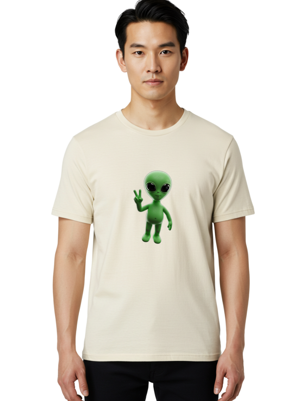 Alien-2 Men'S Graphic Tee, 100% Cotton, Comfortable Casual Summer Wear, Machine Washable, Cartoon Alien, Peace Sign, 3D Rendering, Friendly Gesture, Outer Space Character, Green Skin Tone, Black Eyes, Digital Artwork, Pop Culture Symbol Bab620