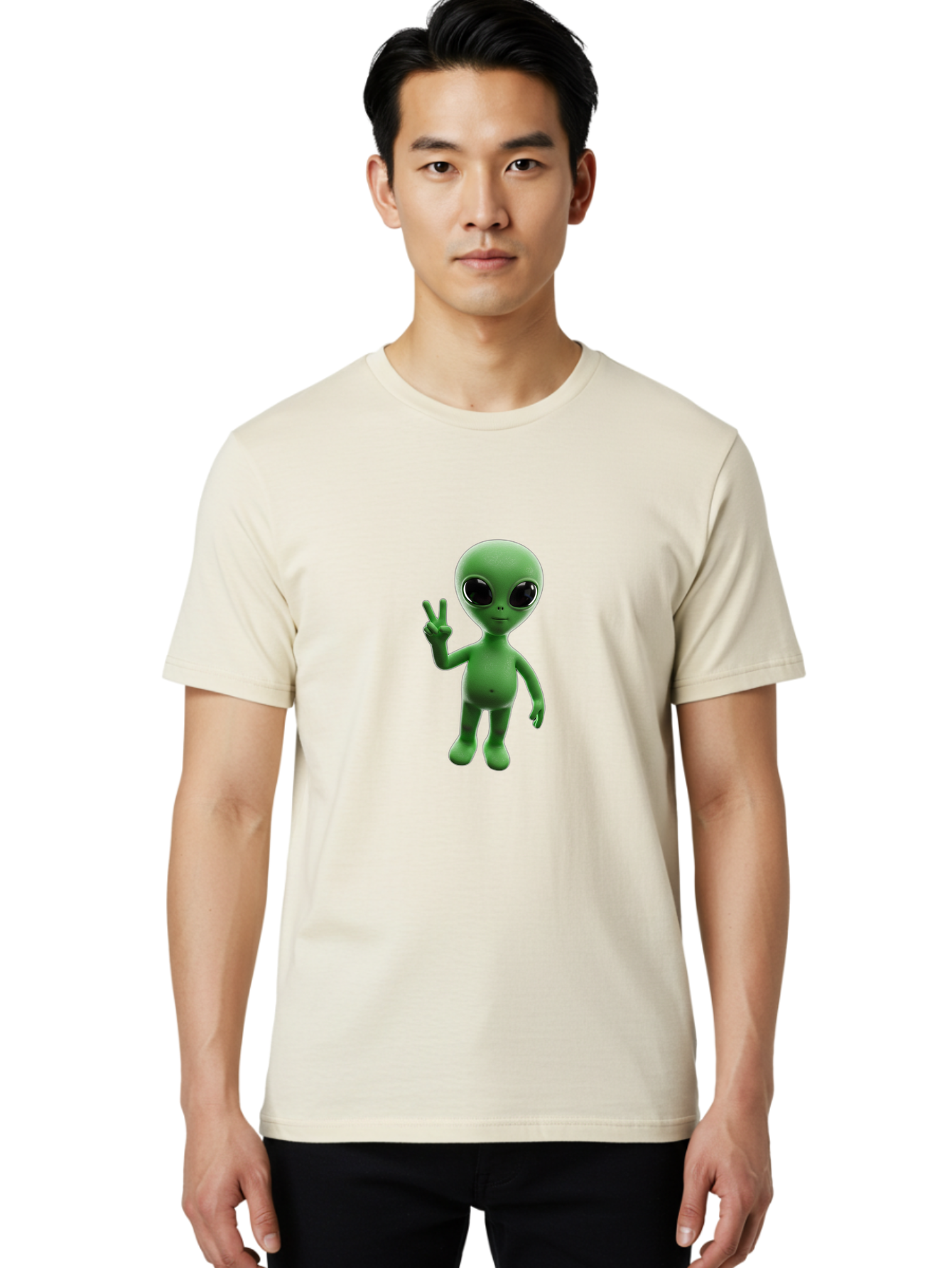 Alien-2 Men'S Graphic Tee, 100% Cotton, Comfortable Casual Summer Wear, Machine Washable, Cartoon Alien, Peace Sign, 3D Rendering, Friendly Gesture, Outer Space Character, Green Skin Tone, Black Eyes, Digital Artwork, Pop Culture Symbol Bab620