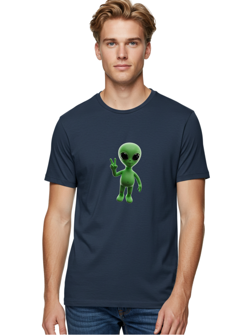 Alien-2 Men'S Graphic Tee, 100% Cotton, Comfortable Casual Summer Wear, Machine Washable, Cartoon Alien, Peace Sign, 3D Rendering, Friendly Gesture, Outer Space Character, Green Skin Tone, Black Eyes, Digital Artwork, Pop Culture Symbol Bab620