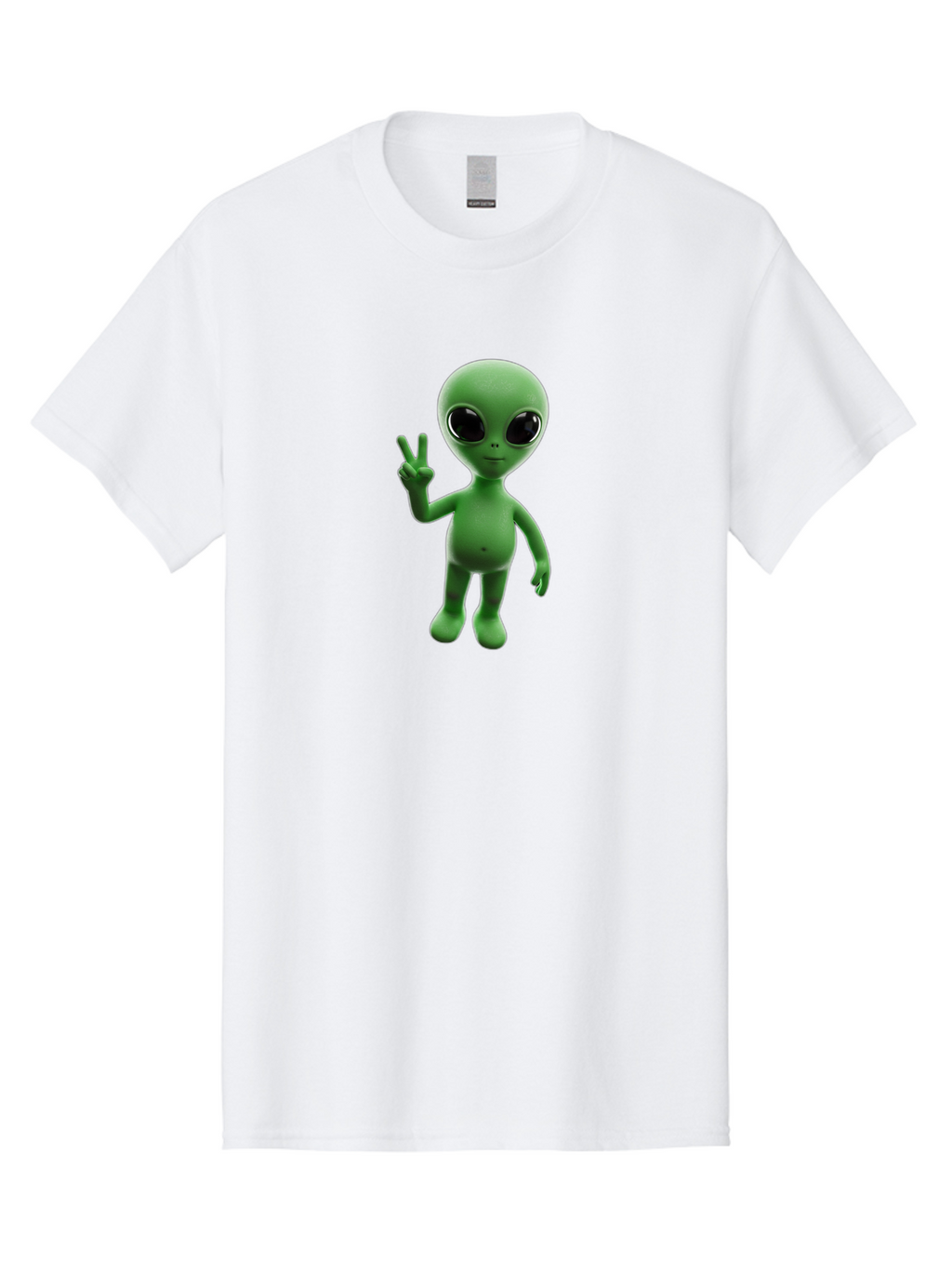 Alien-2 Men'S Graphic Tee, 100% Cotton, Comfortable Casual Summer Wear, Machine Washable, Cartoon Alien, Peace Sign, 3D Rendering, Friendly Gesture, Outer Space Character, Green Skin Tone, Black Eyes, Digital Artwork, Pop Culture Symbol Bab620
