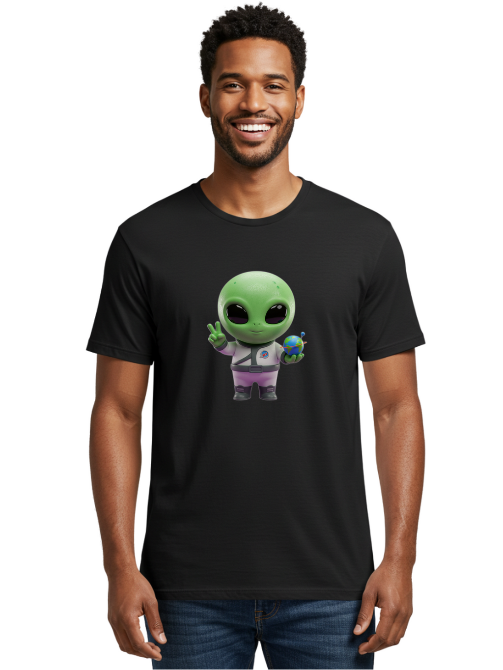 Alien-Astronaut Men'S Graphic Tee, 100% Cotton, Comfortable Casual Summer Wear, Machine Washable, Cartoon Alien, Astronaut Costume, Peace Sign, Earth Globe, Space Exploration, Friendly Extraterrestrial, Sci-Fi Character, Bab621
