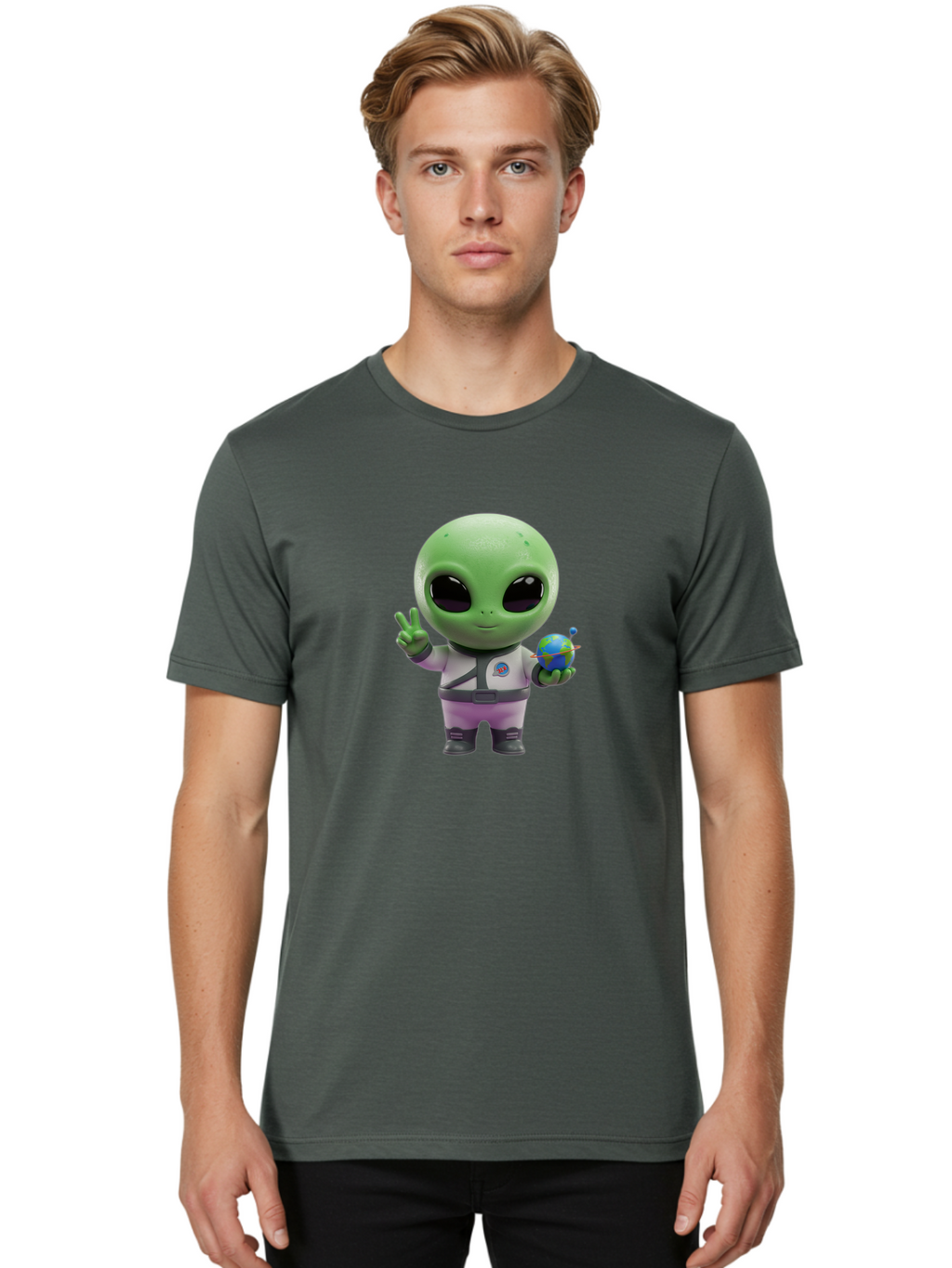 Alien-Astronaut Men'S Graphic Tee, 100% Cotton, Comfortable Casual Summer Wear, Machine Washable, Cartoon Alien, Astronaut Costume, Peace Sign, Earth Globe, Space Exploration, Friendly Extraterrestrial, Sci-Fi Character, Bab621
