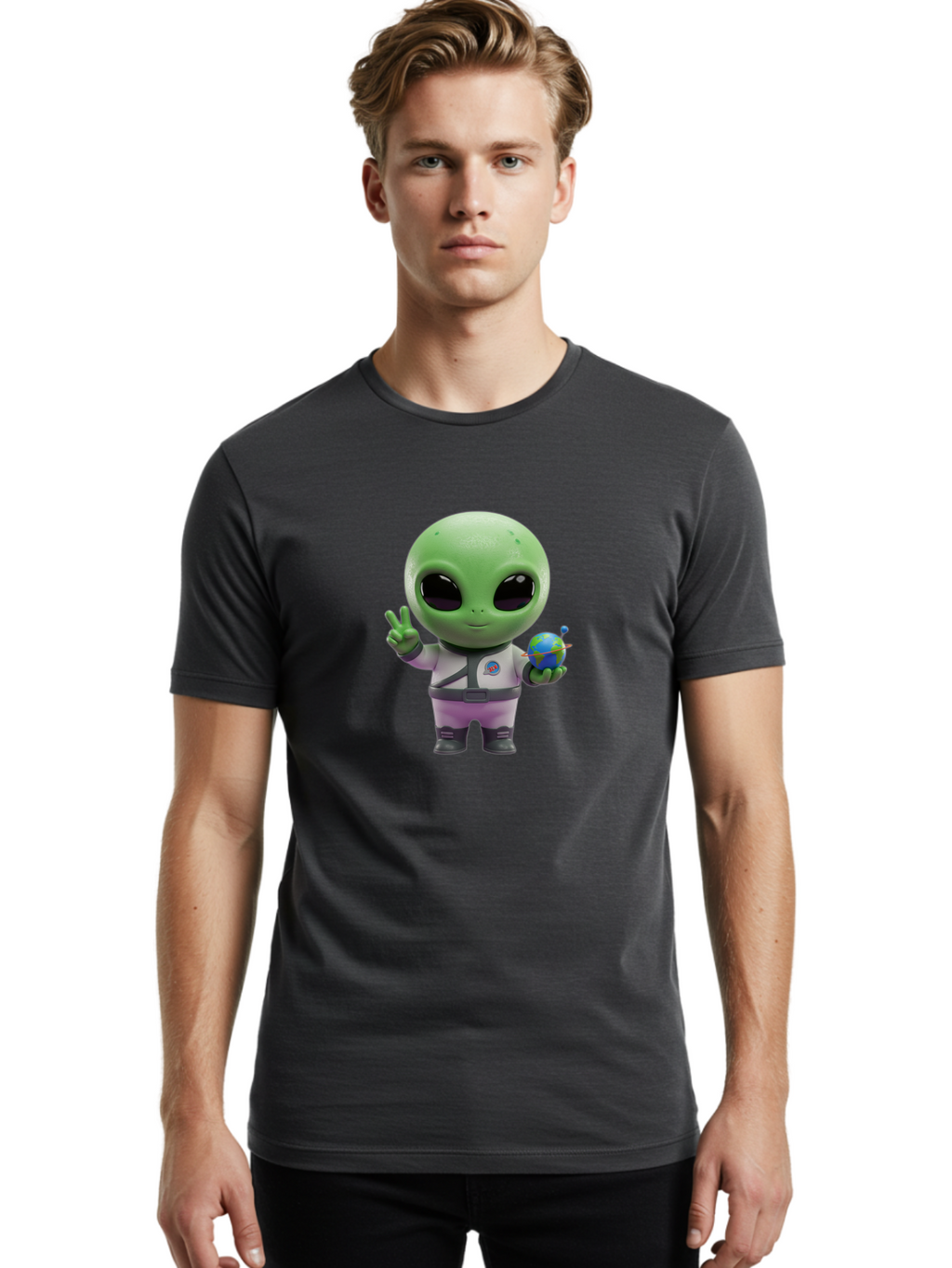 Alien-Astronaut Men'S Graphic Tee, 100% Cotton, Comfortable Casual Summer Wear, Machine Washable, Cartoon Alien, Astronaut Costume, Peace Sign, Earth Globe, Space Exploration, Friendly Extraterrestrial, Sci-Fi Character, Bab621