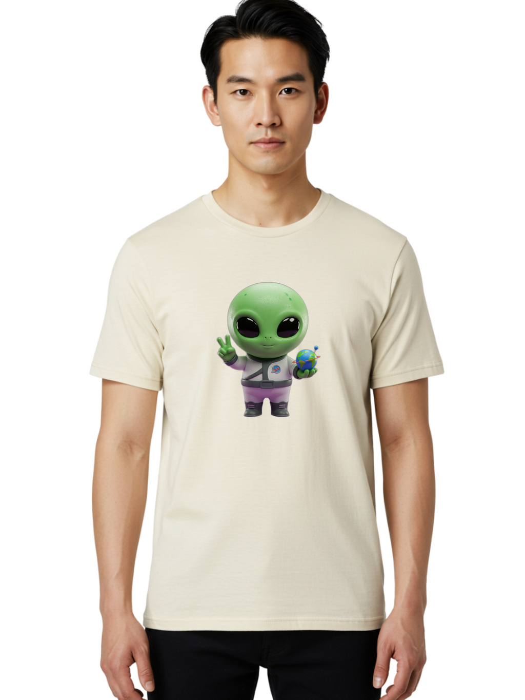 Alien-Astronaut Men'S Graphic Tee, 100% Cotton, Comfortable Casual Summer Wear, Machine Washable, Cartoon Alien, Astronaut Costume, Peace Sign, Earth Globe, Space Exploration, Friendly Extraterrestrial, Sci-Fi Character, Bab621