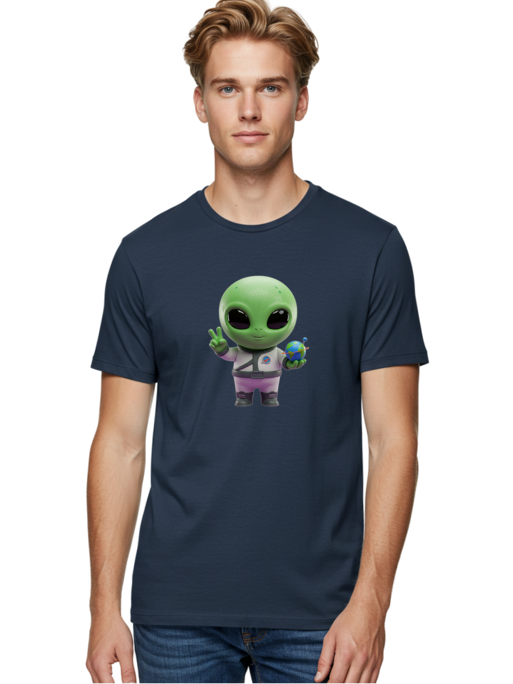 Alien-Astronaut Men'S Graphic Tee, 100% Cotton, Comfortable Casual Summer Wear, Machine Washable, Cartoon Alien, Astronaut Costume, Peace Sign, Earth Globe, Space Exploration, Friendly Extraterrestrial, Sci-Fi Character, Bab621