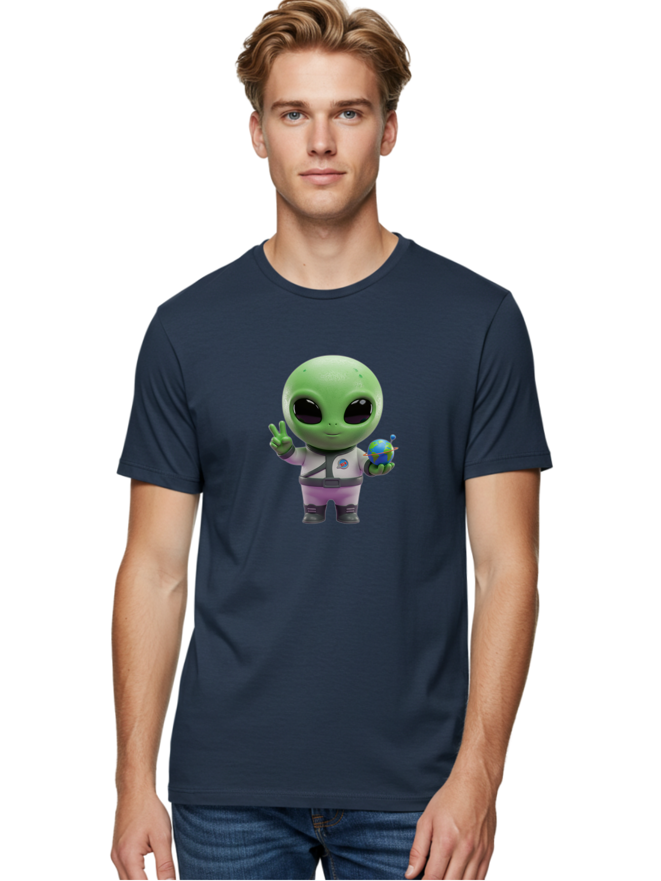 Alien-Astronaut Men'S Graphic Tee, 100% Cotton, Comfortable Casual Summer Wear, Machine Washable, Cartoon Alien, Astronaut Costume, Peace Sign, Earth Globe, Space Exploration, Friendly Extraterrestrial, Sci-Fi Character, Bab621