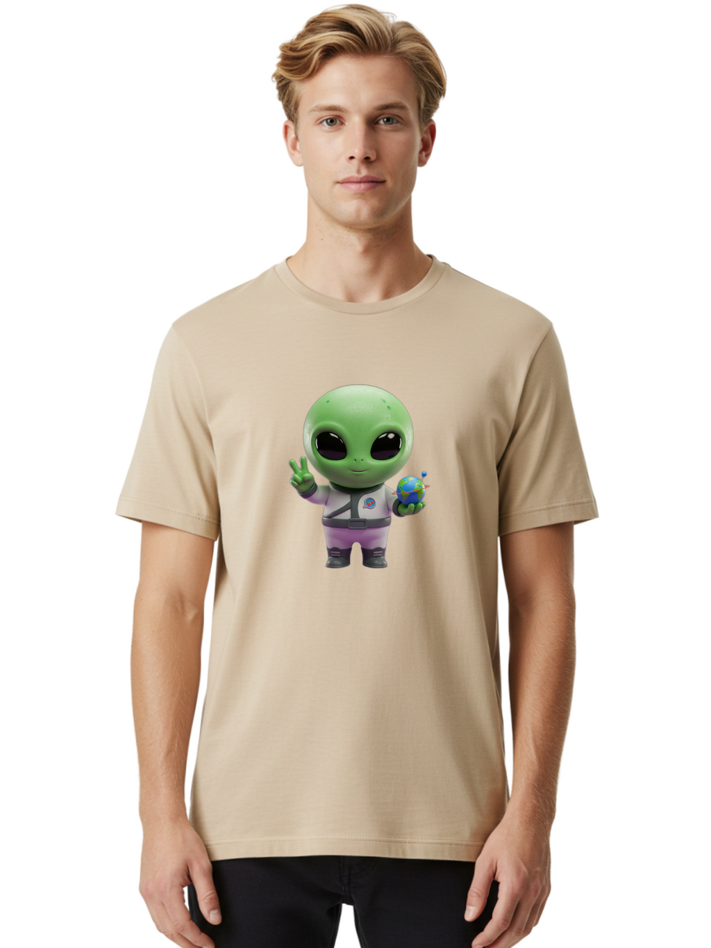 Alien-Astronaut Men'S Graphic Tee, 100% Cotton, Comfortable Casual Summer Wear, Machine Washable, Cartoon Alien, Astronaut Costume, Peace Sign, Earth Globe, Space Exploration, Friendly Extraterrestrial, Sci-Fi Character, Bab621