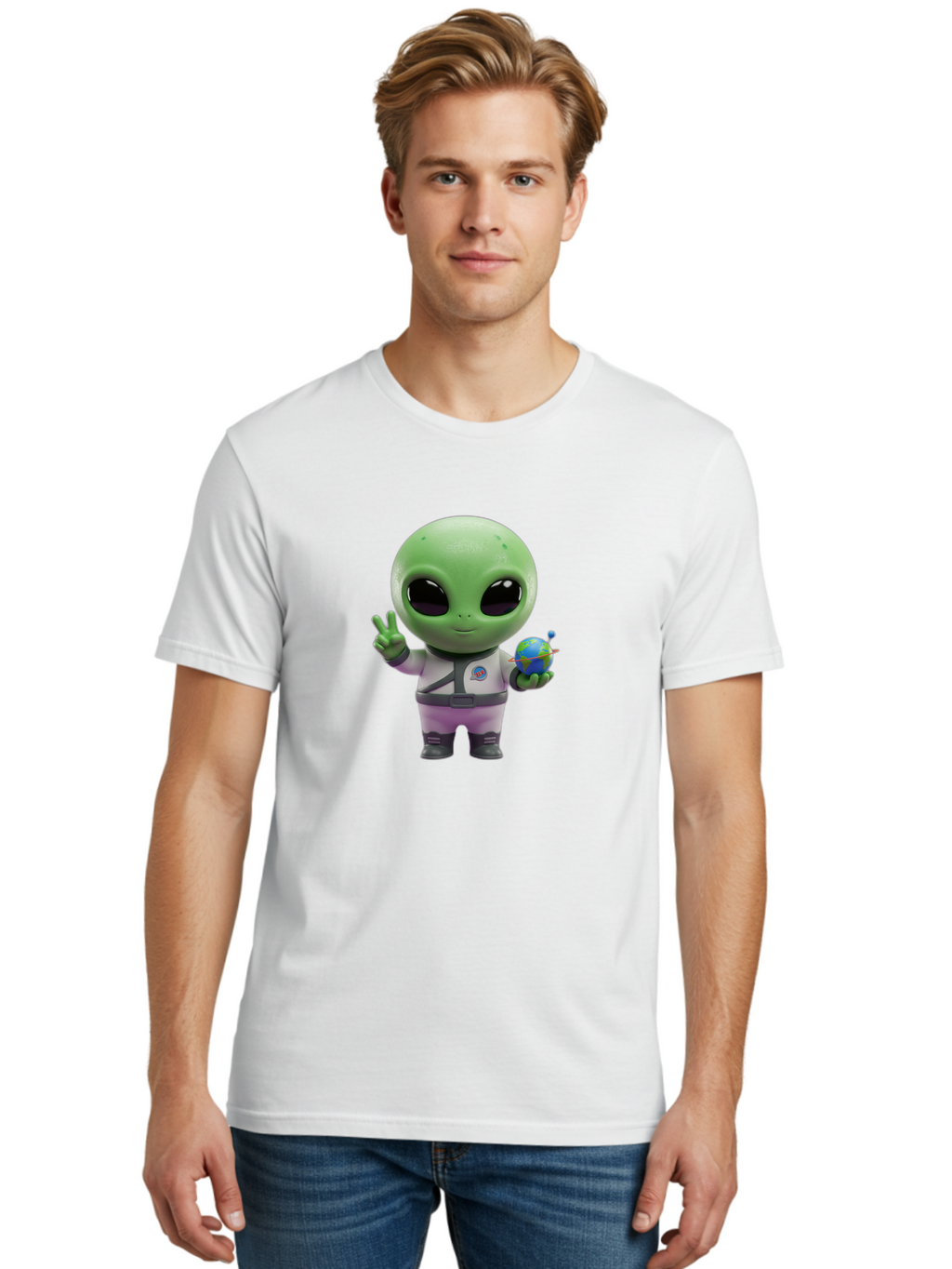 Alien-Astronaut Men'S Graphic Tee, 100% Cotton, Comfortable Casual Summer Wear, Machine Washable, Cartoon Alien, Astronaut Costume, Peace Sign, Earth Globe, Space Exploration, Friendly Extraterrestrial, Sci-Fi Character, Bab621