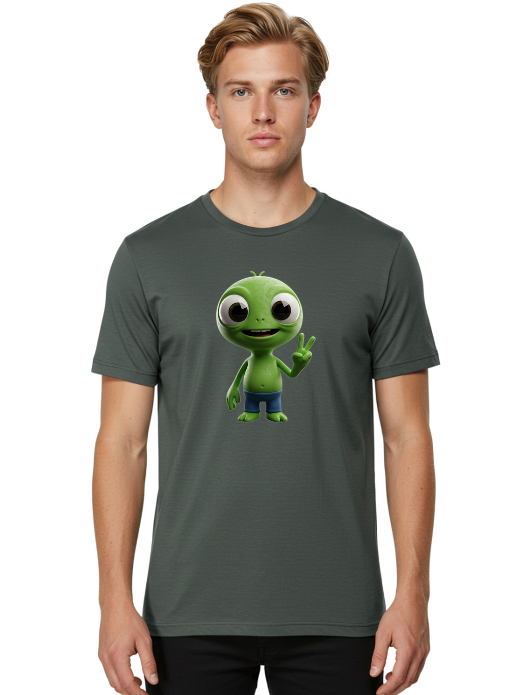 Alien-Cartoon-Character Men'S Graphic Tee, 100% Cotton, Comfortable Casual Summer Wear, Machine Washable, Alien Cartoon, Green Creature, Large Eyes, Peace Sign, Blue Shorts, Cute Character, Cartoon Style, Funny Alien, Cartoon Character Design, Bab622
