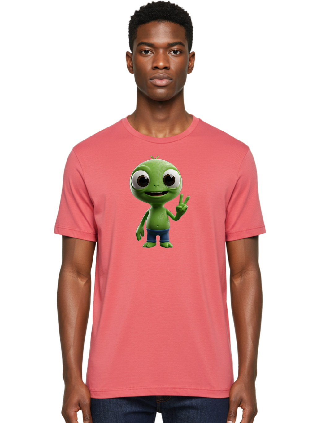 Alien-Cartoon-Character Men'S Graphic Tee, 100% Cotton, Comfortable Casual Summer Wear, Machine Washable, Alien Cartoon, Green Creature, Large Eyes, Peace Sign, Blue Shorts, Cute Character, Cartoon Style, Funny Alien, Cartoon Character Design, Bab622