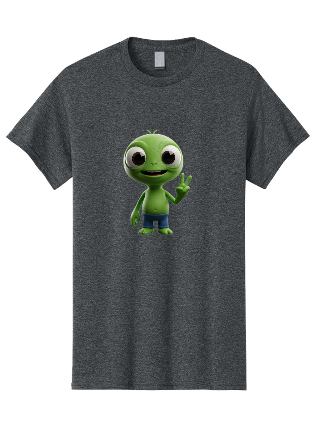 Alien-Cartoon-Character Men'S Graphic Tee, 100% Cotton, Comfortable Casual Summer Wear, Machine Washable, Alien Cartoon, Green Creature, Large Eyes, Peace Sign, Blue Shorts, Cute Character, Cartoon Style, Funny Alien, Cartoon Character Design, Bab622