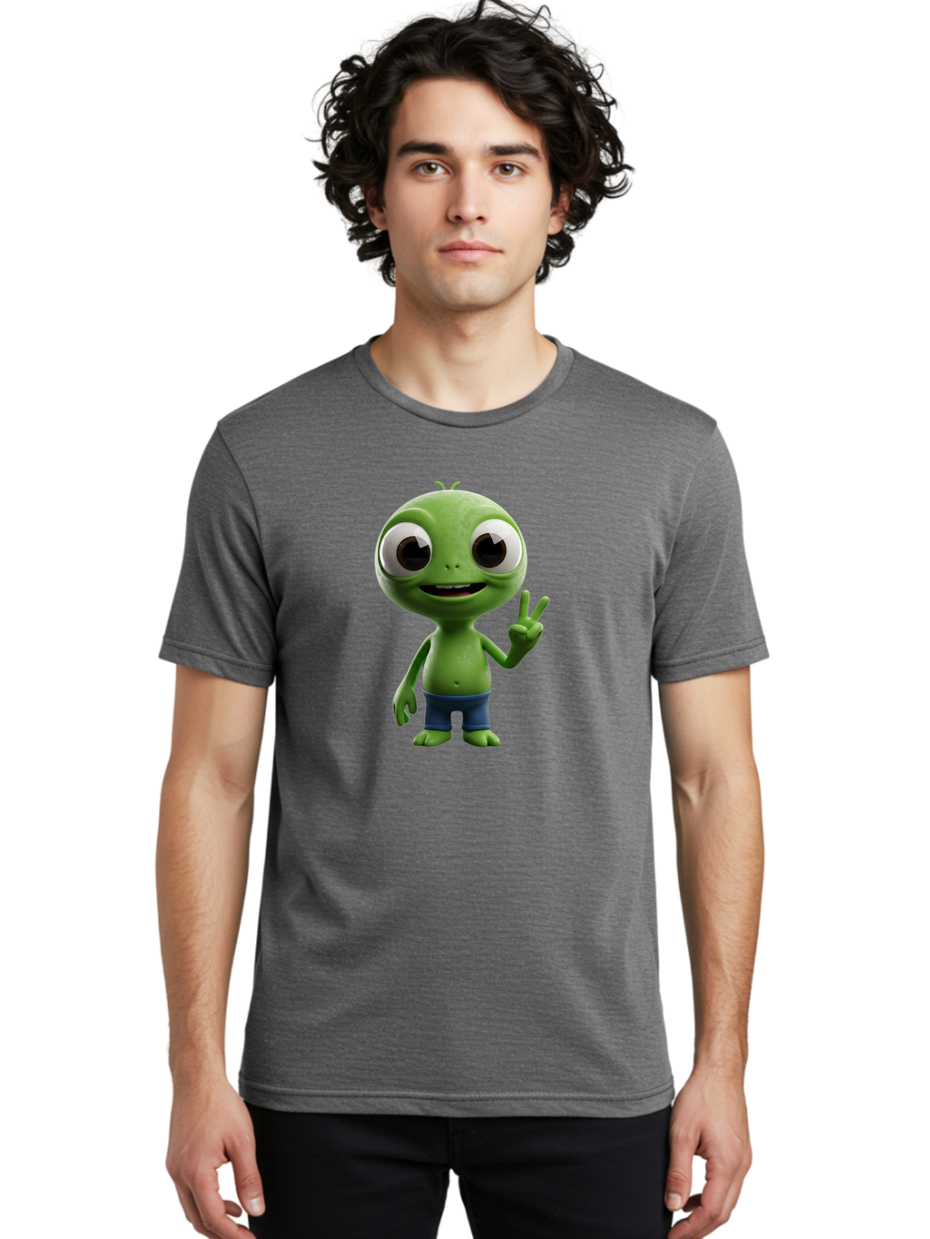 Alien-Cartoon-Character Men'S Graphic Tee, 100% Cotton, Comfortable Casual Summer Wear, Machine Washable, Alien Cartoon, Green Creature, Large Eyes, Peace Sign, Blue Shorts, Cute Character, Cartoon Style, Funny Alien, Cartoon Character Design, Bab622