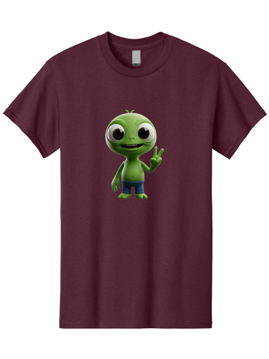 Alien-Cartoon-Character Men'S Graphic Tee, 100% Cotton, Comfortable Casual Summer Wear, Machine Washable, Alien Cartoon, Green Creature, Large Eyes, Peace Sign, Blue Shorts, Cute Character, Cartoon Style, Funny Alien, Cartoon Character Design, Bab622