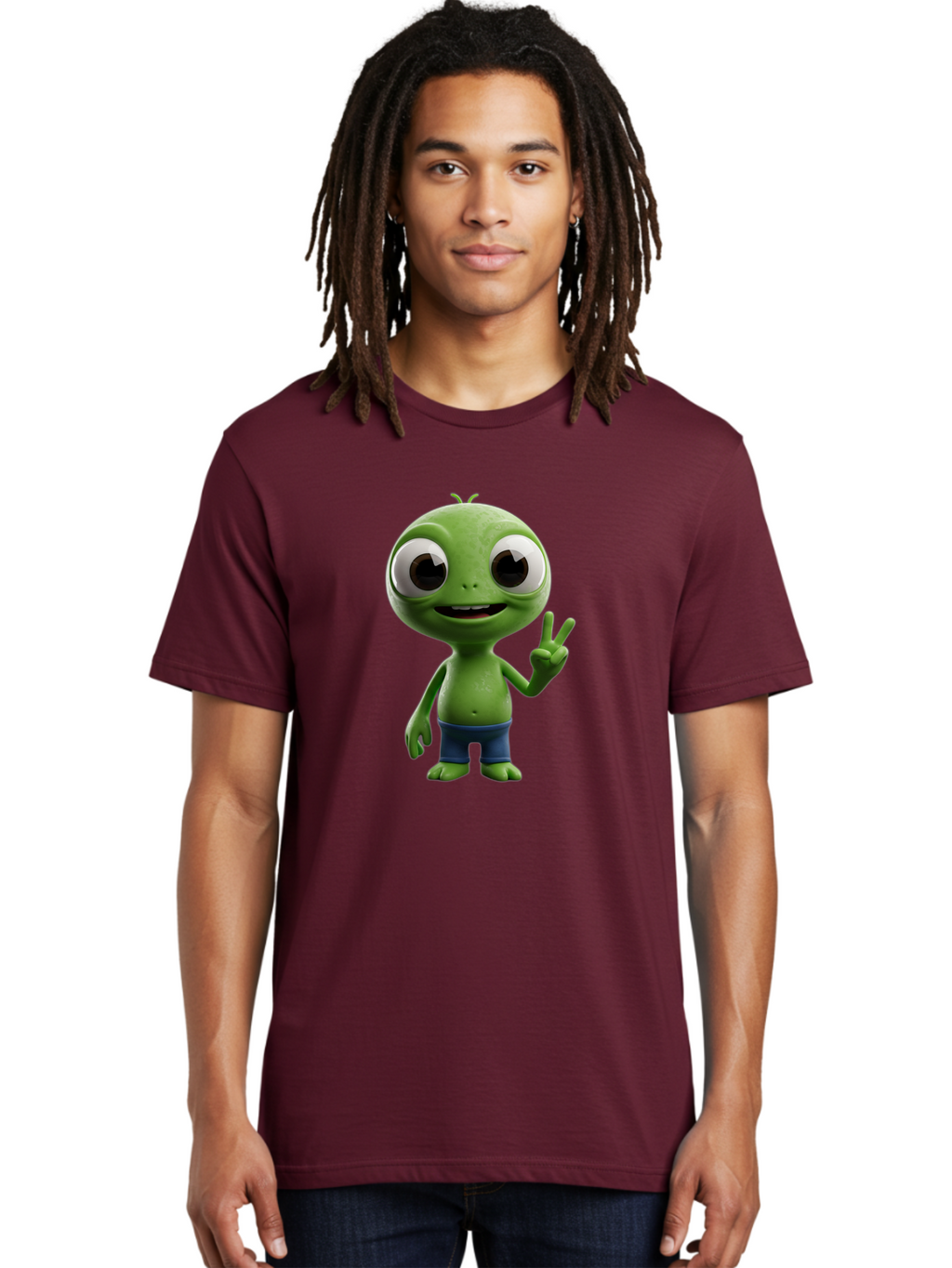 Alien-Cartoon-Character Men'S Graphic Tee, 100% Cotton, Comfortable Casual Summer Wear, Machine Washable, Alien Cartoon, Green Creature, Large Eyes, Peace Sign, Blue Shorts, Cute Character, Cartoon Style, Funny Alien, Cartoon Character Design, Bab622
