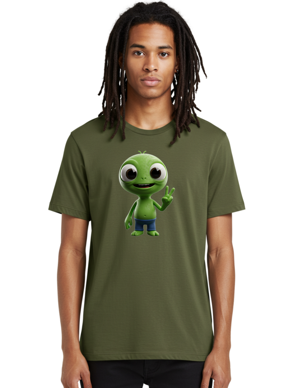 Alien-Cartoon-Character Men'S Graphic Tee, 100% Cotton, Comfortable Casual Summer Wear, Machine Washable, Alien Cartoon, Green Creature, Large Eyes, Peace Sign, Blue Shorts, Cute Character, Cartoon Style, Funny Alien, Cartoon Character Design, Bab622