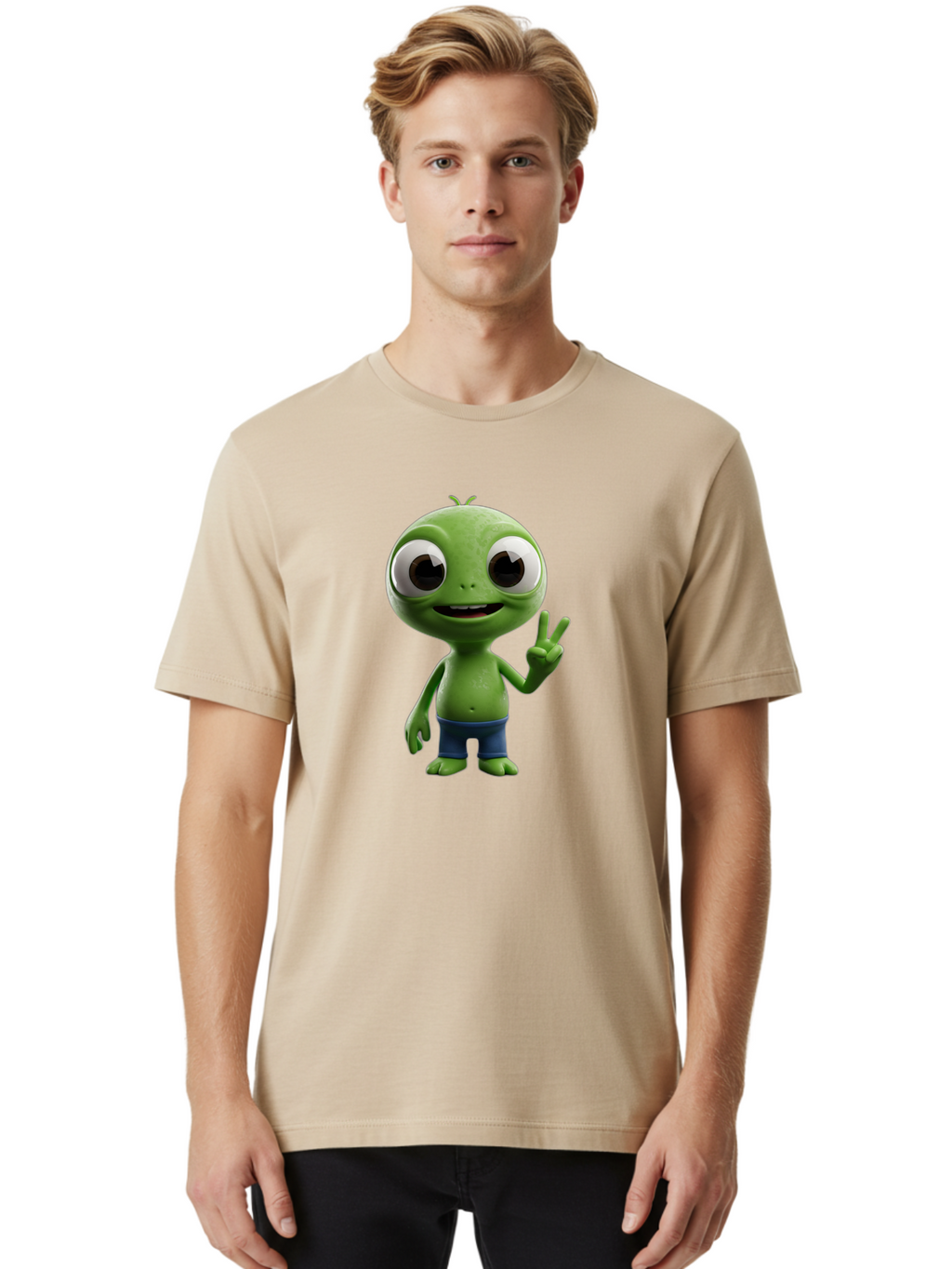 Alien-Cartoon-Character Men'S Graphic Tee, 100% Cotton, Comfortable Casual Summer Wear, Machine Washable, Alien Cartoon, Green Creature, Large Eyes, Peace Sign, Blue Shorts, Cute Character, Cartoon Style, Funny Alien, Cartoon Character Design, Bab622