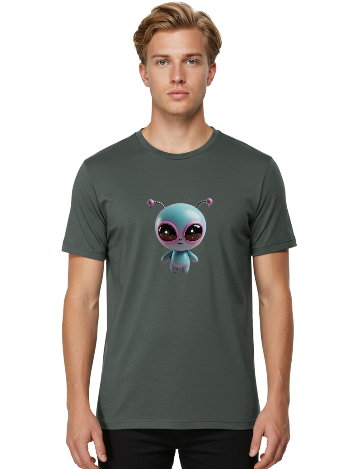 Alien-Character Men'S Graphic Tee, 100% Cotton, Comfortable Casual Summer Wear, Machine Washable, Cartoon Alien, Pastel Colors, Cute Design, Big Eyes, Smiling Face, Antennae, 3D Illustration, Quirky Character, Futuristic Being, Playful Vibe, Bab623