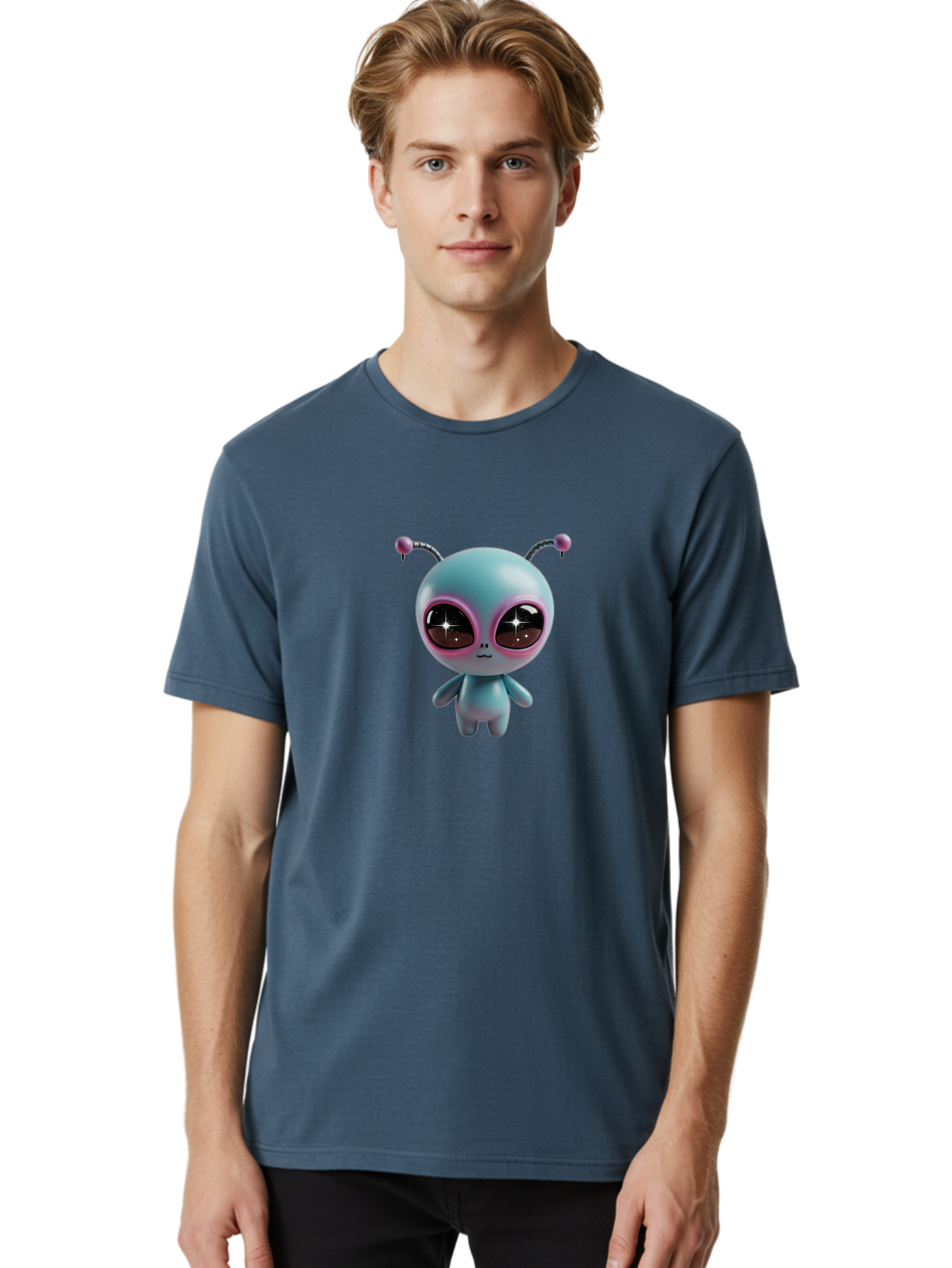 Alien-Character Men'S Graphic Tee, 100% Cotton, Comfortable Casual Summer Wear, Machine Washable, Cartoon Alien, Pastel Colors, Cute Design, Big Eyes, Smiling Face, Antennae, 3D Illustration, Quirky Character, Futuristic Being, Playful Vibe, Bab623