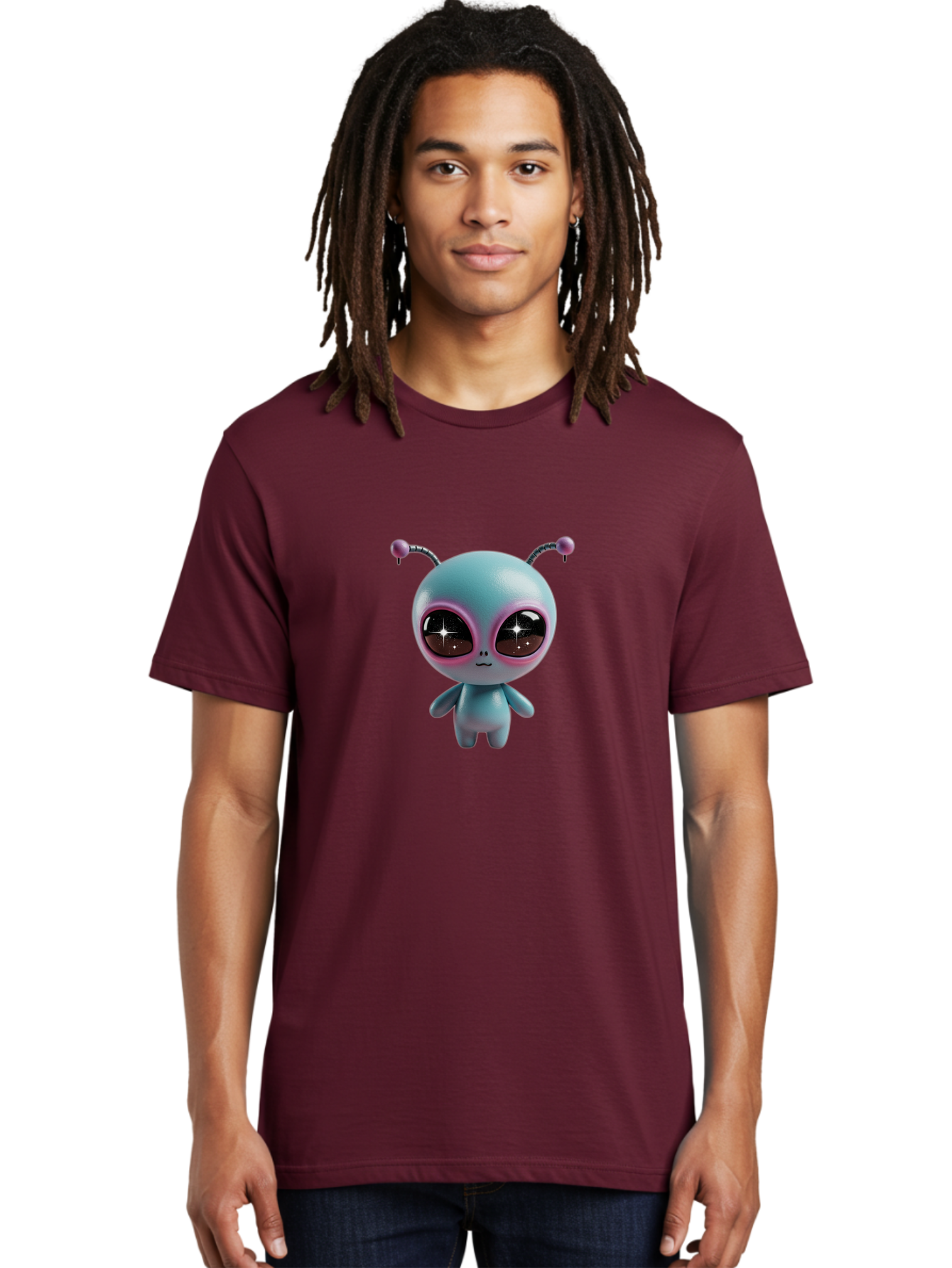 Alien-Character Men'S Graphic Tee, 100% Cotton, Comfortable Casual Summer Wear, Machine Washable, Cartoon Alien, Pastel Colors, Cute Design, Big Eyes, Smiling Face, Antennae, 3D Illustration, Quirky Character, Futuristic Being, Playful Vibe, Bab623