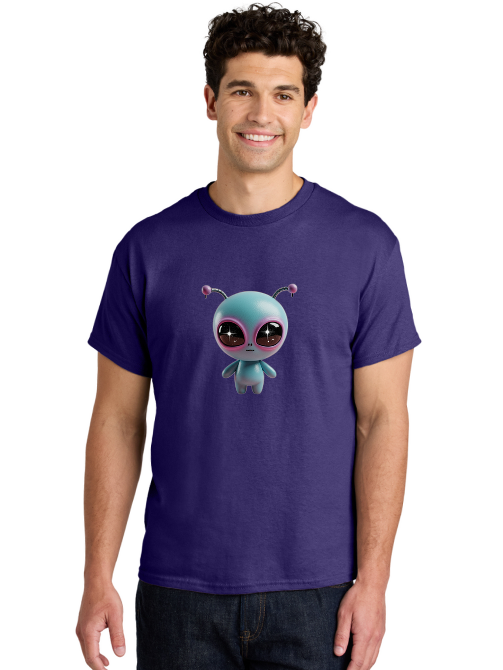 Alien-Character Men'S Graphic Tee, 100% Cotton, Comfortable Casual Summer Wear, Machine Washable, Cartoon Alien, Pastel Colors, Cute Design, Big Eyes, Smiling Face, Antennae, 3D Illustration, Quirky Character, Futuristic Being, Playful Vibe, Bab623