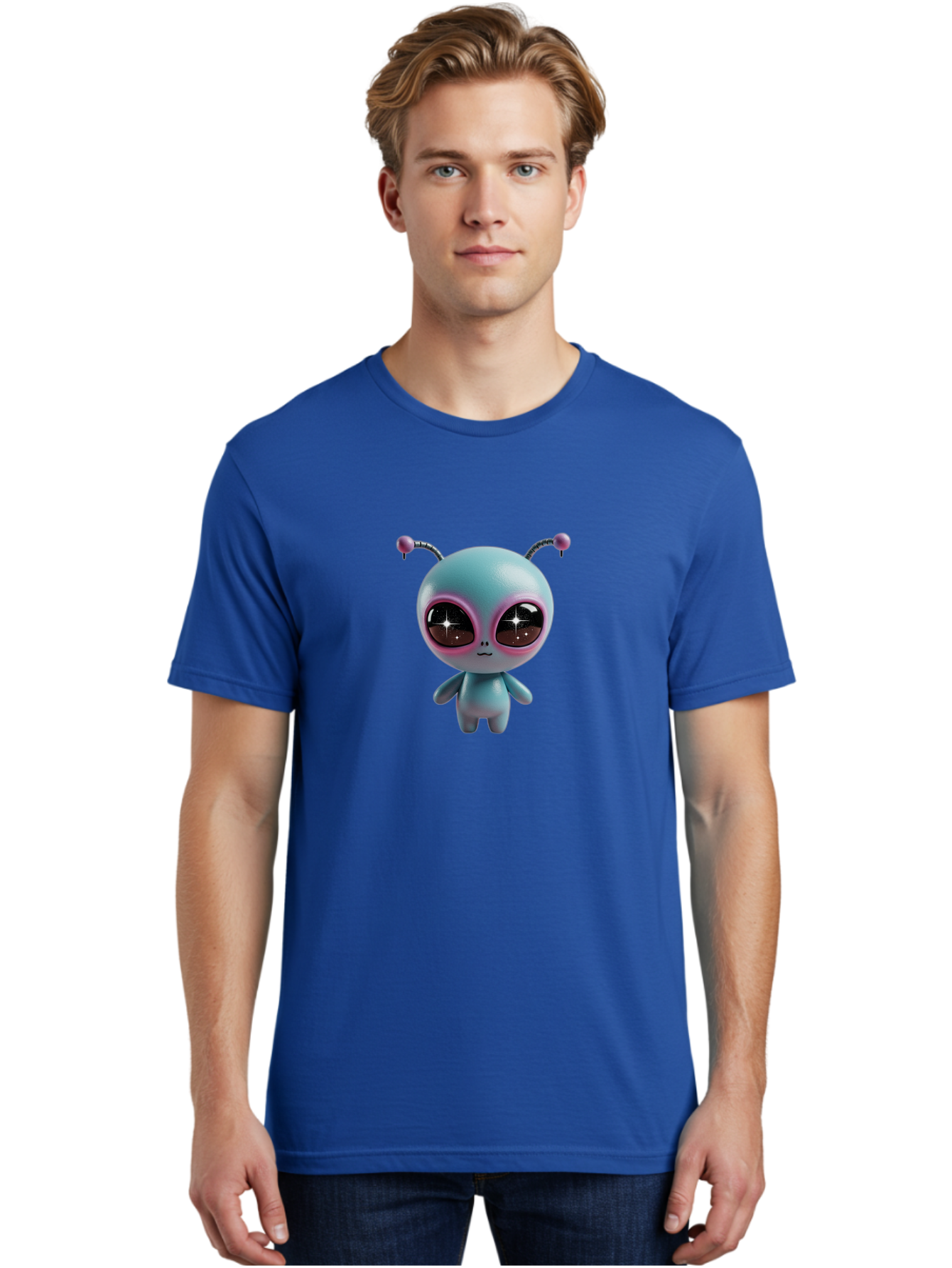 Alien-Character Men'S Graphic Tee, 100% Cotton, Comfortable Casual Summer Wear, Machine Washable, Cartoon Alien, Pastel Colors, Cute Design, Big Eyes, Smiling Face, Antennae, 3D Illustration, Quirky Character, Futuristic Being, Playful Vibe, Bab623