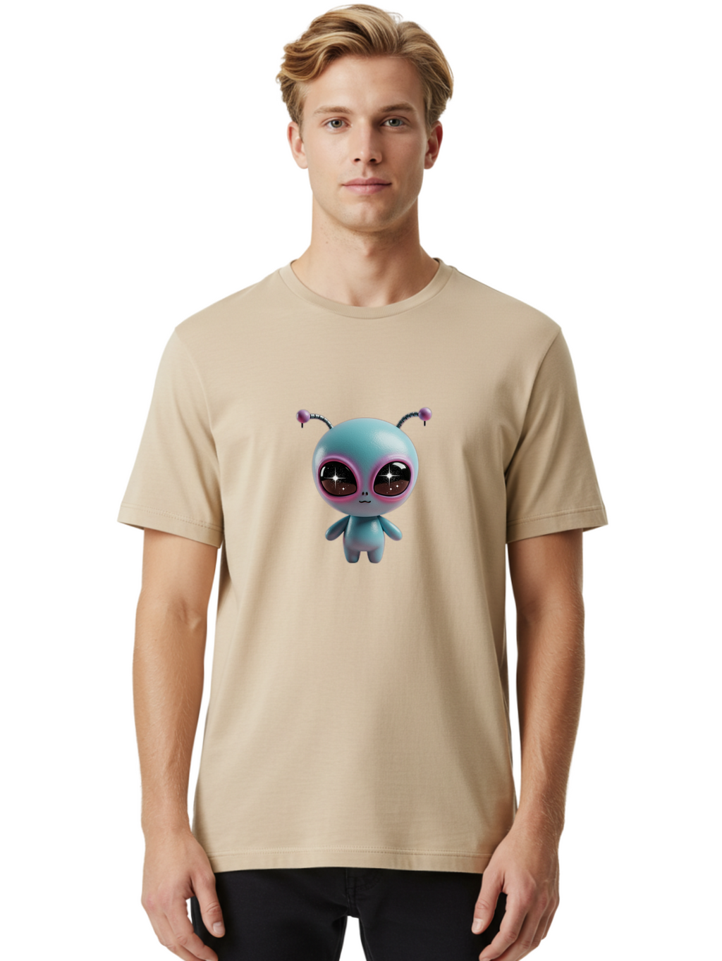 Alien-Character Men'S Graphic Tee, 100% Cotton, Comfortable Casual Summer Wear, Machine Washable, Cartoon Alien, Pastel Colors, Cute Design, Big Eyes, Smiling Face, Antennae, 3D Illustration, Quirky Character, Futuristic Being, Playful Vibe, Bab623
