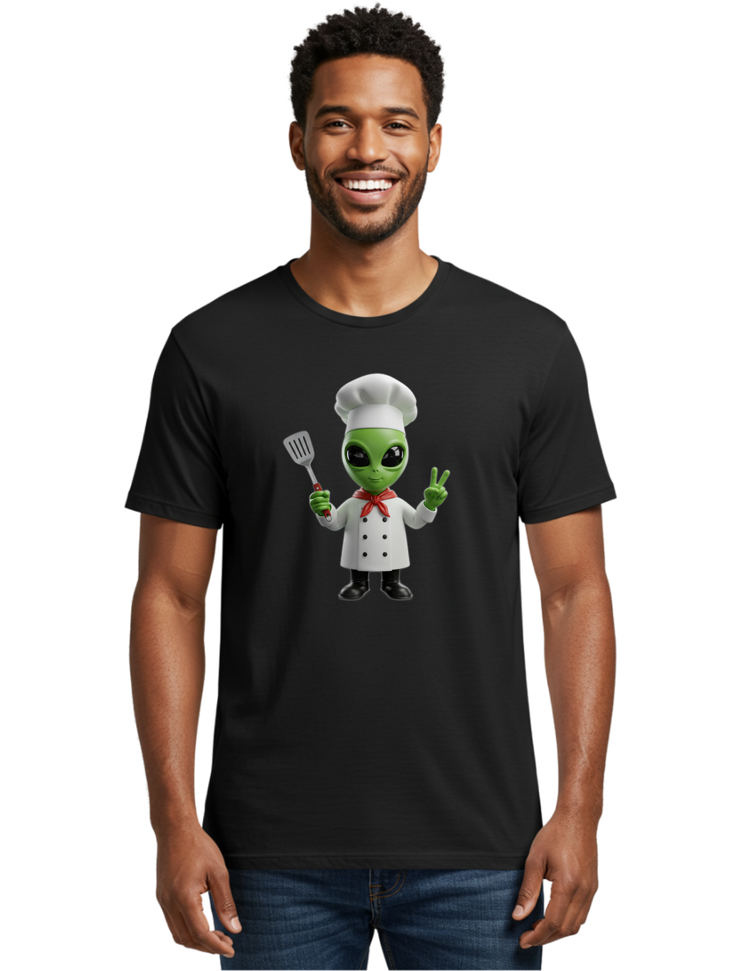 Alien-Chef Men'S Graphic Tee, 100% Cotton, Comfortable Casual Summer Wear, Machine Washable, Alien Chef, Green Alien, White Chef Coat, Red Neckerchief, Peace Sign, Spatula, 3D Cartoon Character, Funny Alien, Cooking, Kitchen Humor, Bab624