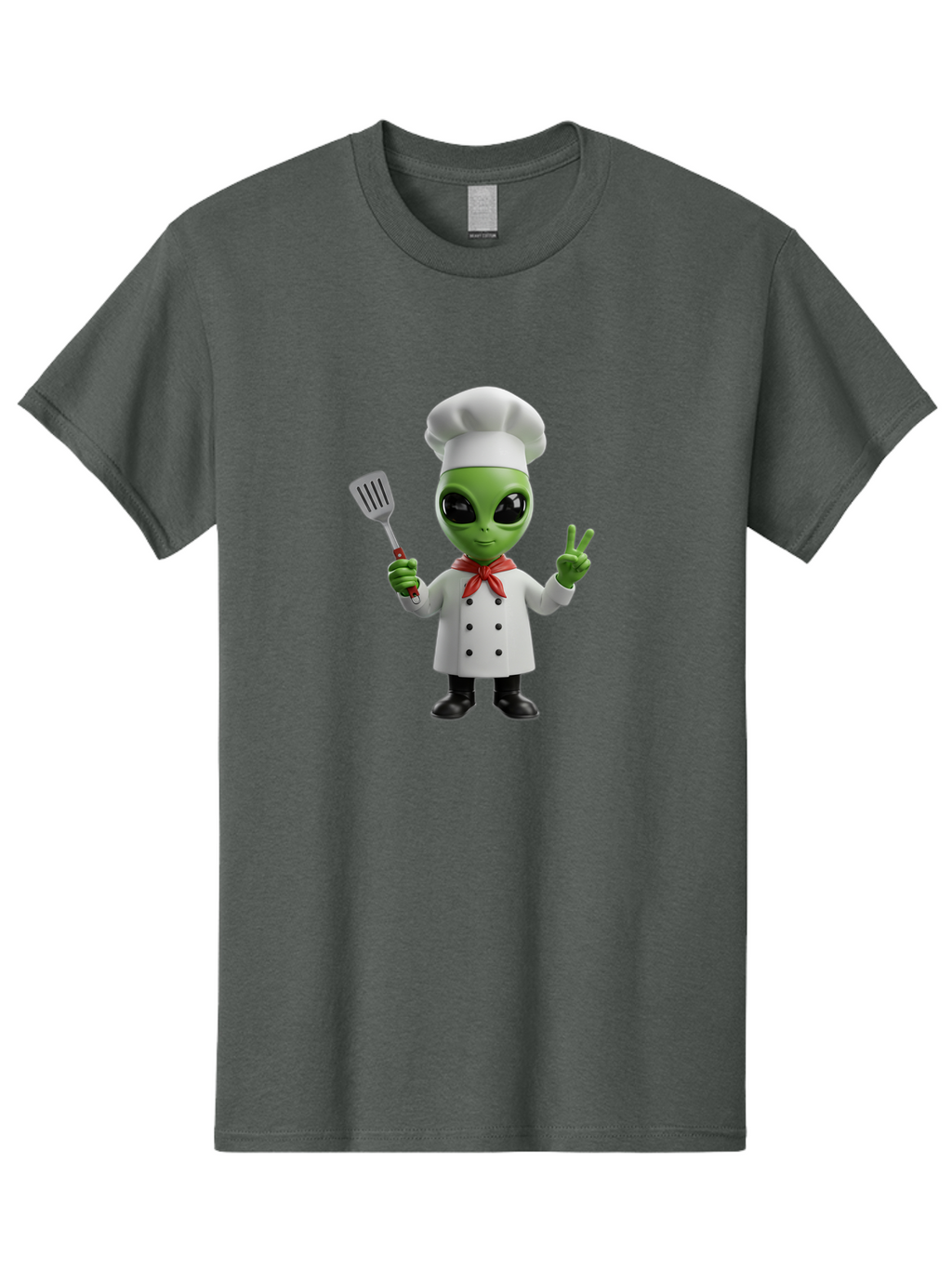 Alien-Chef Men'S Graphic Tee, 100% Cotton, Comfortable Casual Summer Wear, Machine Washable, Alien Chef, Green Alien, White Chef Coat, Red Neckerchief, Peace Sign, Spatula, 3D Cartoon Character, Funny Alien, Cooking, Kitchen Humor, Bab624