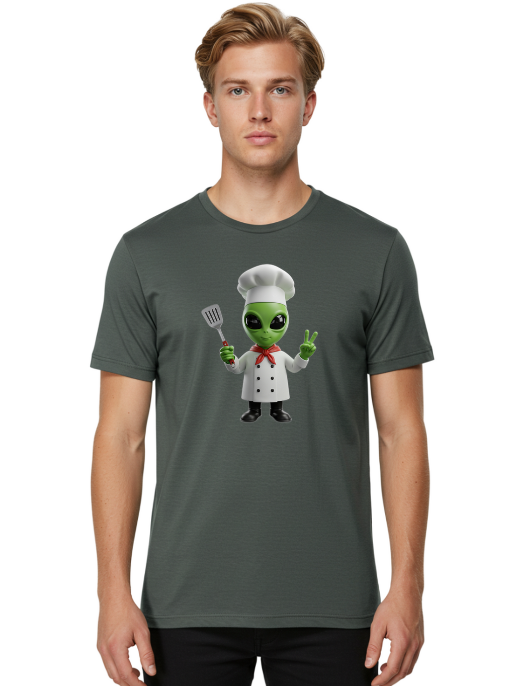 Alien-Chef Men'S Graphic Tee, 100% Cotton, Comfortable Casual Summer Wear, Machine Washable, Alien Chef, Green Alien, White Chef Coat, Red Neckerchief, Peace Sign, Spatula, 3D Cartoon Character, Funny Alien, Cooking, Kitchen Humor, Bab624
