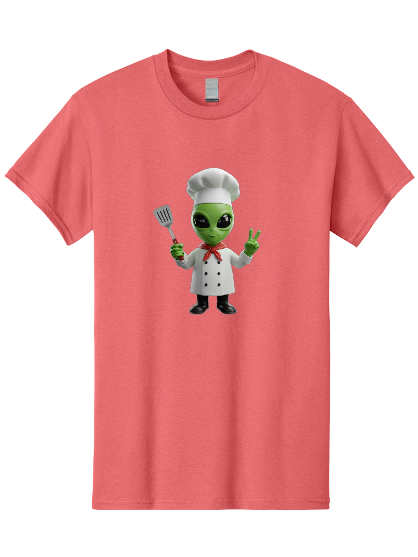 Alien-Chef Men'S Graphic Tee, 100% Cotton, Comfortable Casual Summer Wear, Machine Washable, Alien Chef, Green Alien, White Chef Coat, Red Neckerchief, Peace Sign, Spatula, 3D Cartoon Character, Funny Alien, Cooking, Kitchen Humor, Bab624