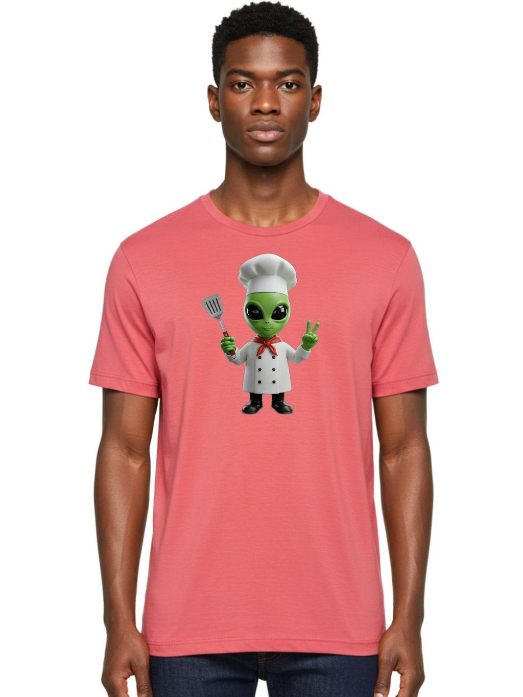 Alien-Chef Men'S Graphic Tee, 100% Cotton, Comfortable Casual Summer Wear, Machine Washable, Alien Chef, Green Alien, White Chef Coat, Red Neckerchief, Peace Sign, Spatula, 3D Cartoon Character, Funny Alien, Cooking, Kitchen Humor, Bab624