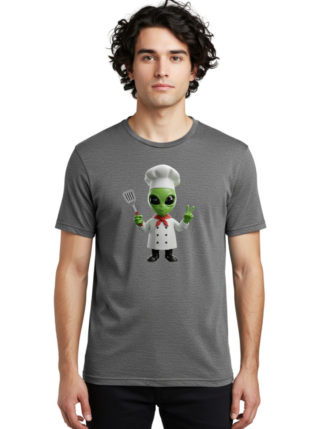 Alien-Chef Men'S Graphic Tee, 100% Cotton, Comfortable Casual Summer Wear, Machine Washable, Alien Chef, Green Alien, White Chef Coat, Red Neckerchief, Peace Sign, Spatula, 3D Cartoon Character, Funny Alien, Cooking, Kitchen Humor, Bab624