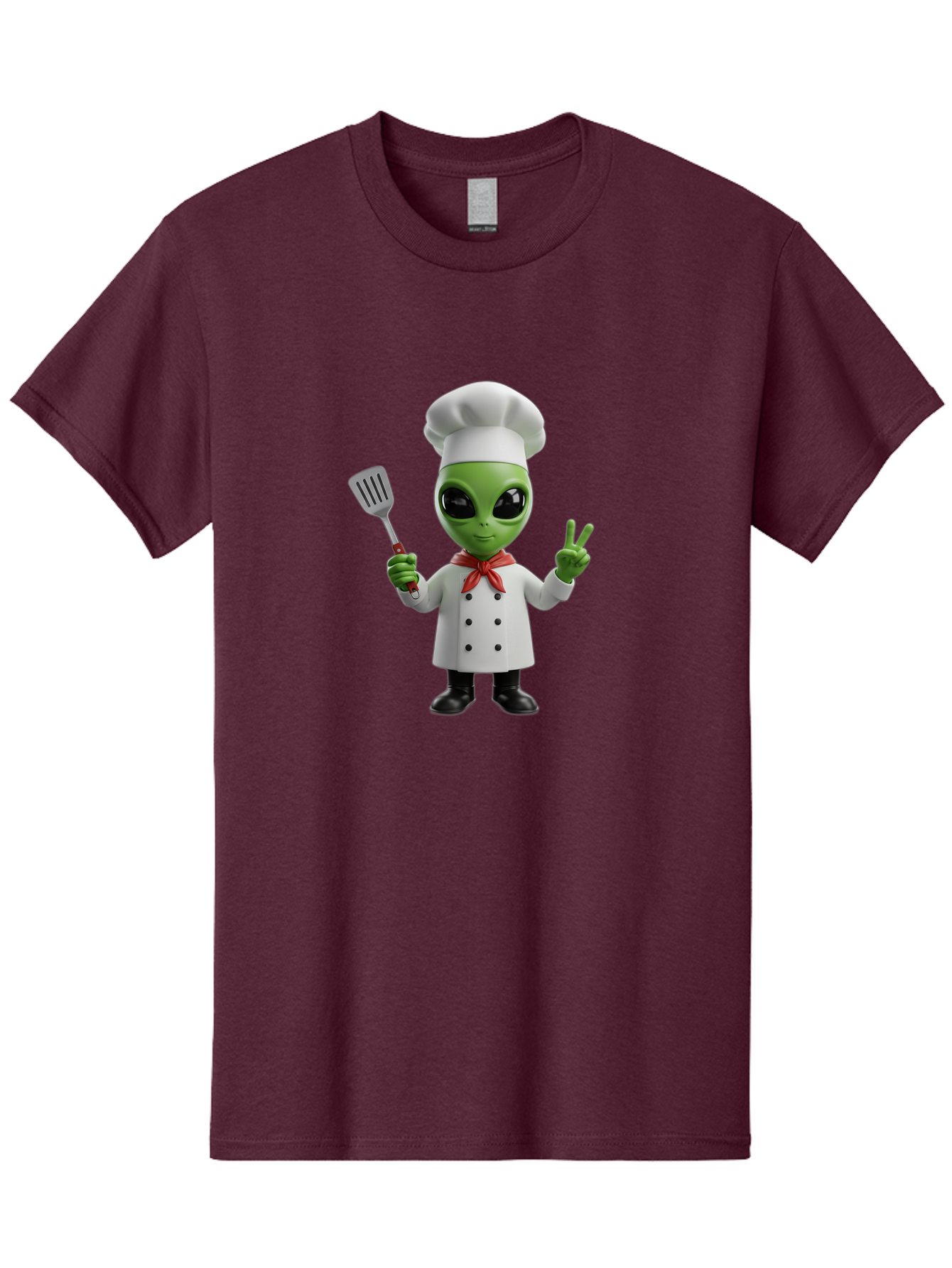 Alien-Chef Men'S Graphic Tee, 100% Cotton, Comfortable Casual Summer Wear, Machine Washable, Alien Chef, Green Alien, White Chef Coat, Red Neckerchief, Peace Sign, Spatula, 3D Cartoon Character, Funny Alien, Cooking, Kitchen Humor, Bab624
