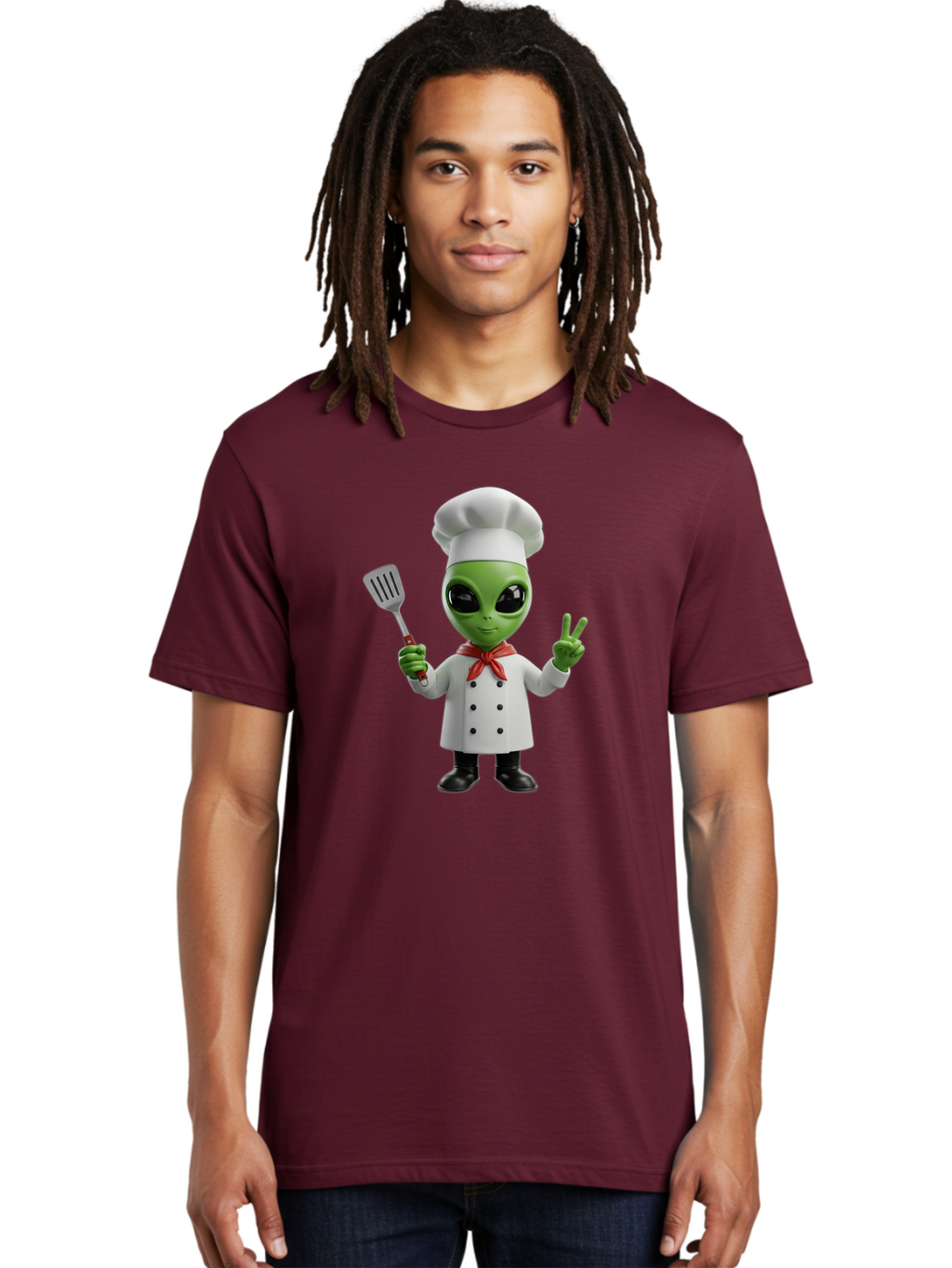 Alien-Chef Men'S Graphic Tee, 100% Cotton, Comfortable Casual Summer Wear, Machine Washable, Alien Chef, Green Alien, White Chef Coat, Red Neckerchief, Peace Sign, Spatula, 3D Cartoon Character, Funny Alien, Cooking, Kitchen Humor, Bab624