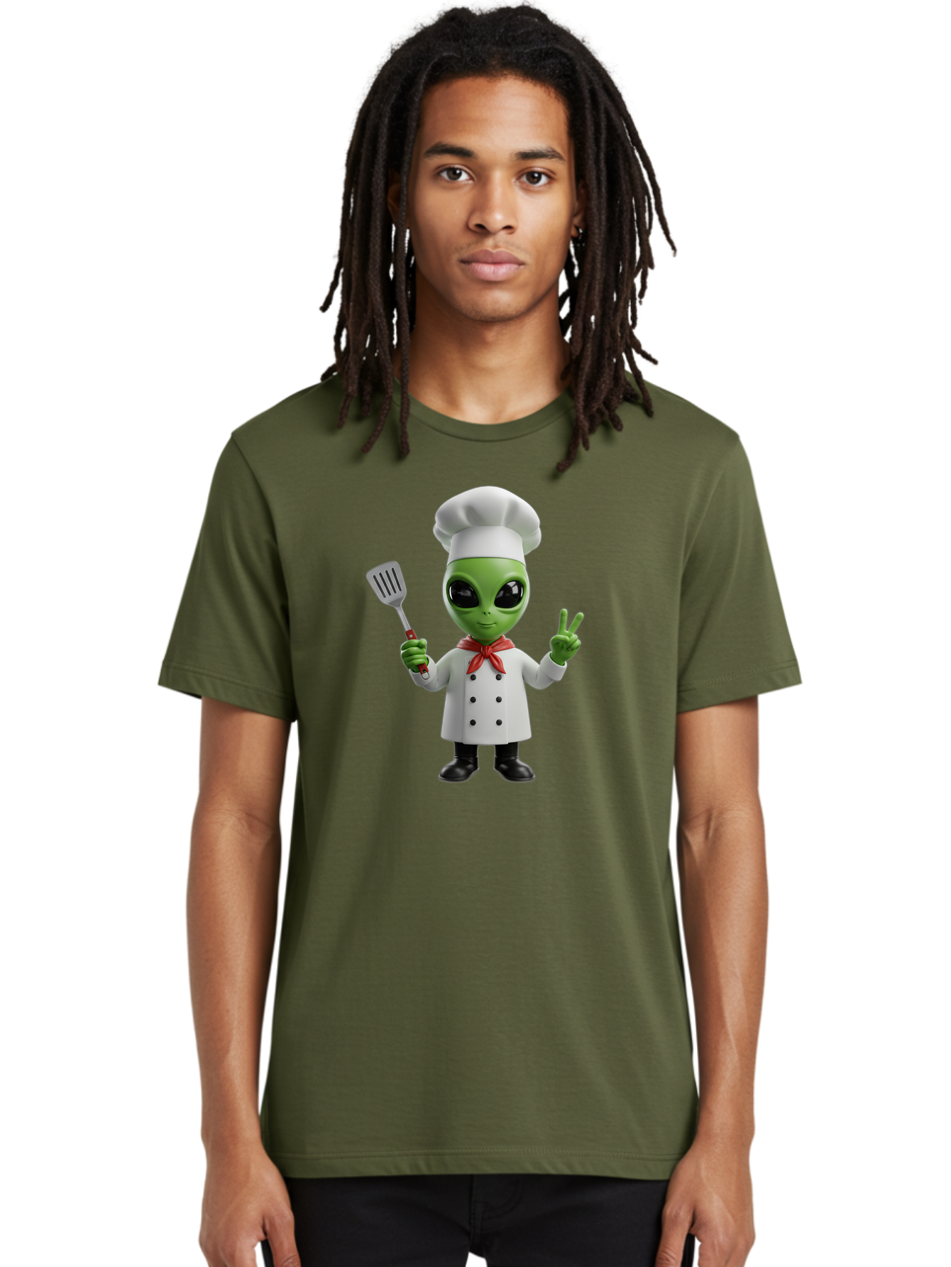 Alien-Chef Men'S Graphic Tee, 100% Cotton, Comfortable Casual Summer Wear, Machine Washable, Alien Chef, Green Alien, White Chef Coat, Red Neckerchief, Peace Sign, Spatula, 3D Cartoon Character, Funny Alien, Cooking, Kitchen Humor, Bab624