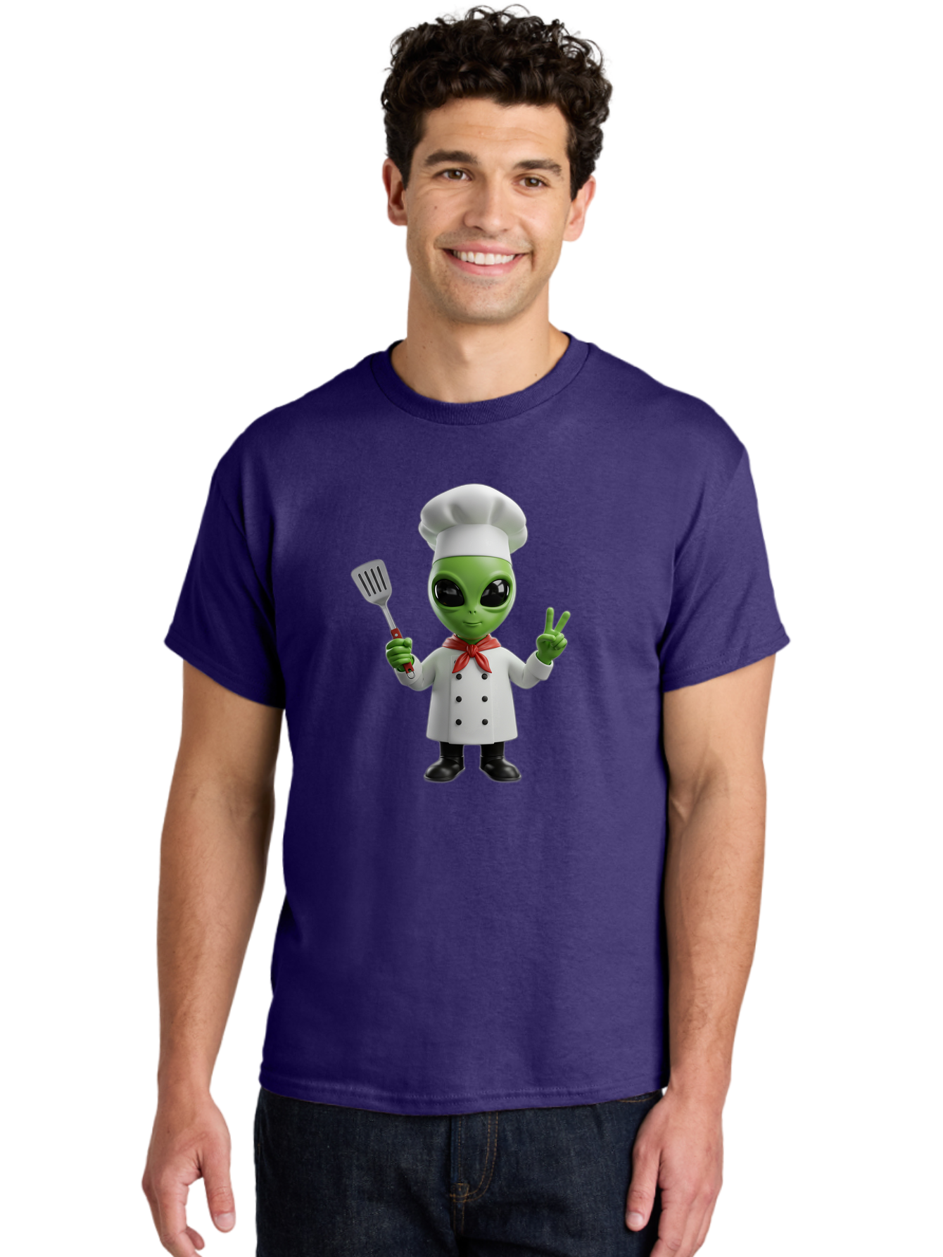 Alien-Chef Men'S Graphic Tee, 100% Cotton, Comfortable Casual Summer Wear, Machine Washable, Alien Chef, Green Alien, White Chef Coat, Red Neckerchief, Peace Sign, Spatula, 3D Cartoon Character, Funny Alien, Cooking, Kitchen Humor, Bab624