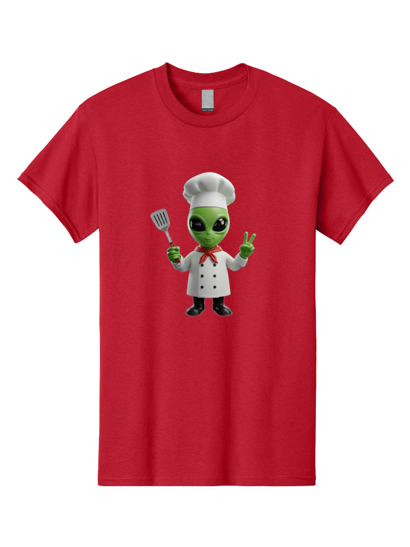Alien-Chef Men'S Graphic Tee, 100% Cotton, Comfortable Casual Summer Wear, Machine Washable, Alien Chef, Green Alien, White Chef Coat, Red Neckerchief, Peace Sign, Spatula, 3D Cartoon Character, Funny Alien, Cooking, Kitchen Humor, Bab624