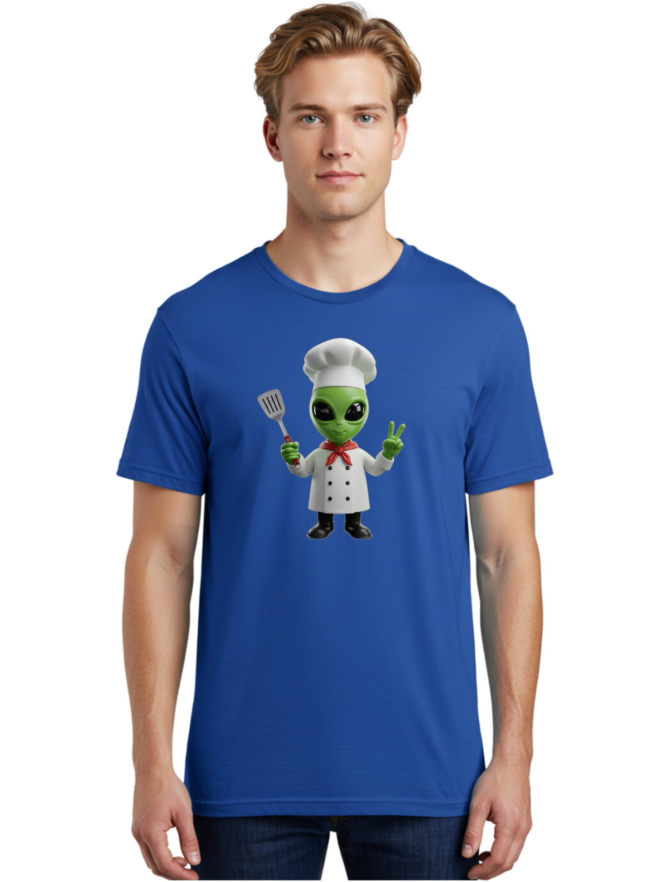 Alien-Chef Men'S Graphic Tee, 100% Cotton, Comfortable Casual Summer Wear, Machine Washable, Alien Chef, Green Alien, White Chef Coat, Red Neckerchief, Peace Sign, Spatula, 3D Cartoon Character, Funny Alien, Cooking, Kitchen Humor, Bab624