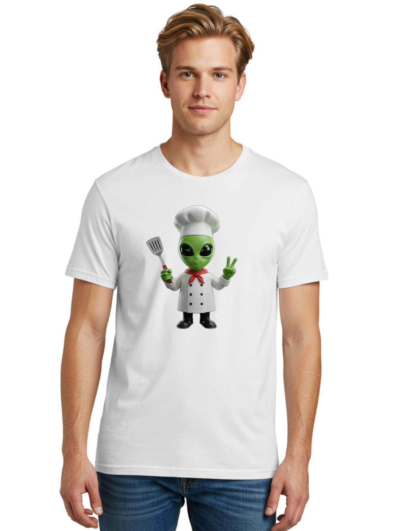 Alien-Chef Men'S Graphic Tee, 100% Cotton, Comfortable Casual Summer Wear, Machine Washable, Alien Chef, Green Alien, White Chef Coat, Red Neckerchief, Peace Sign, Spatula, 3D Cartoon Character, Funny Alien, Cooking, Kitchen Humor, Bab624