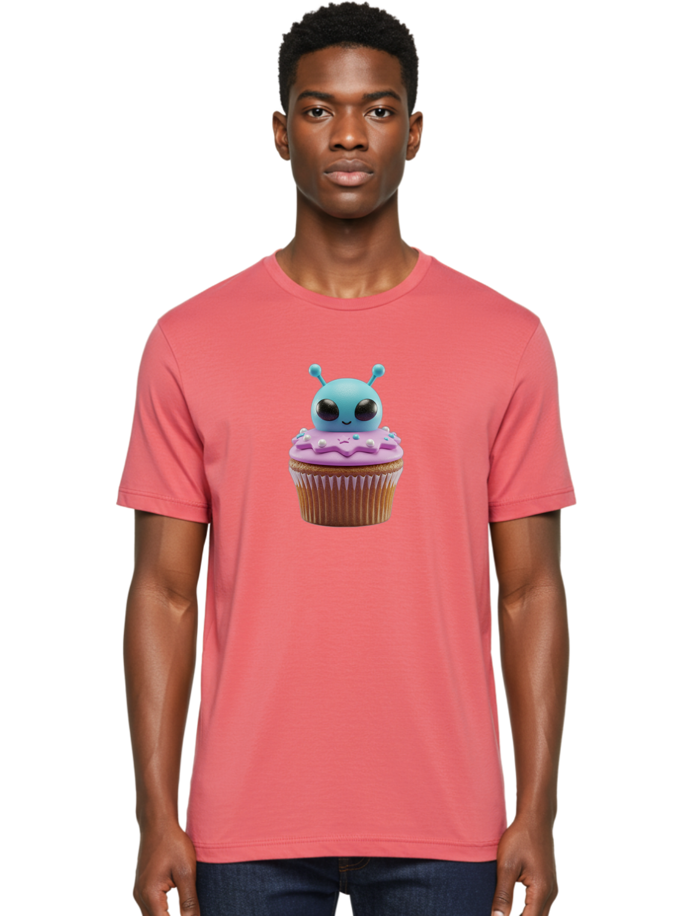 Alien-Cupcake Men'S Graphic Tee, 100% Cotton, Comfortable Casual Summer Wear, Machine Washable, Blue Alien On Top Of Cupcake, Pastel Colors, Whimsical Design, Sweet Treats, Fondant Decoration, Colorful Sprinkles, Dessert Art, Creative Baking Bab625