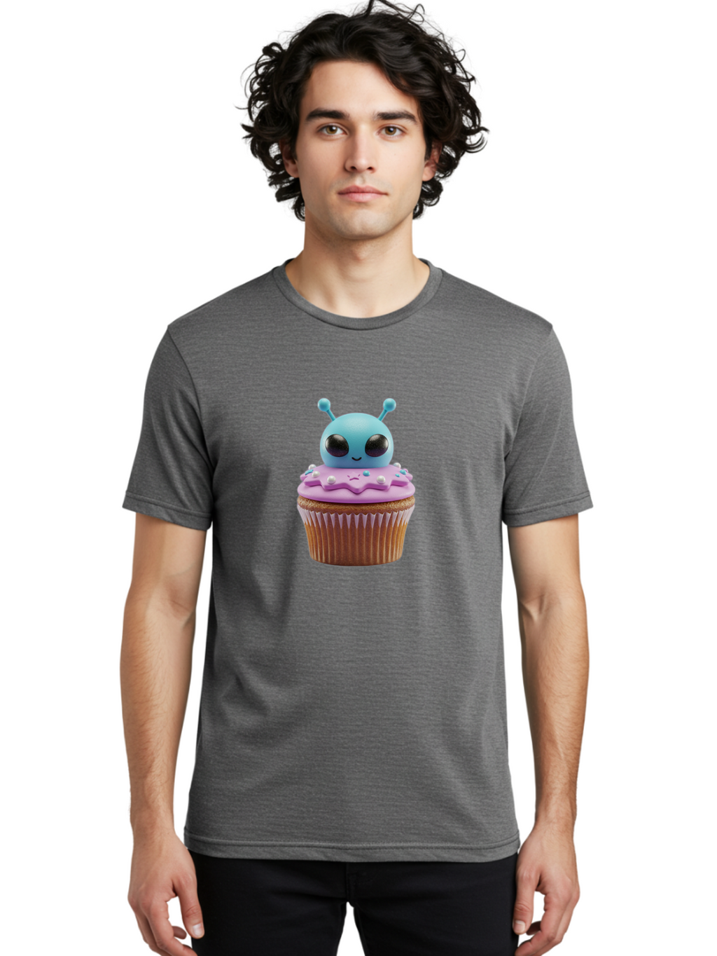 Alien-Cupcake Men'S Graphic Tee, 100% Cotton, Comfortable Casual Summer Wear, Machine Washable, Blue Alien On Top Of Cupcake, Pastel Colors, Whimsical Design, Sweet Treats, Fondant Decoration, Colorful Sprinkles, Dessert Art, Creative Baking Bab625