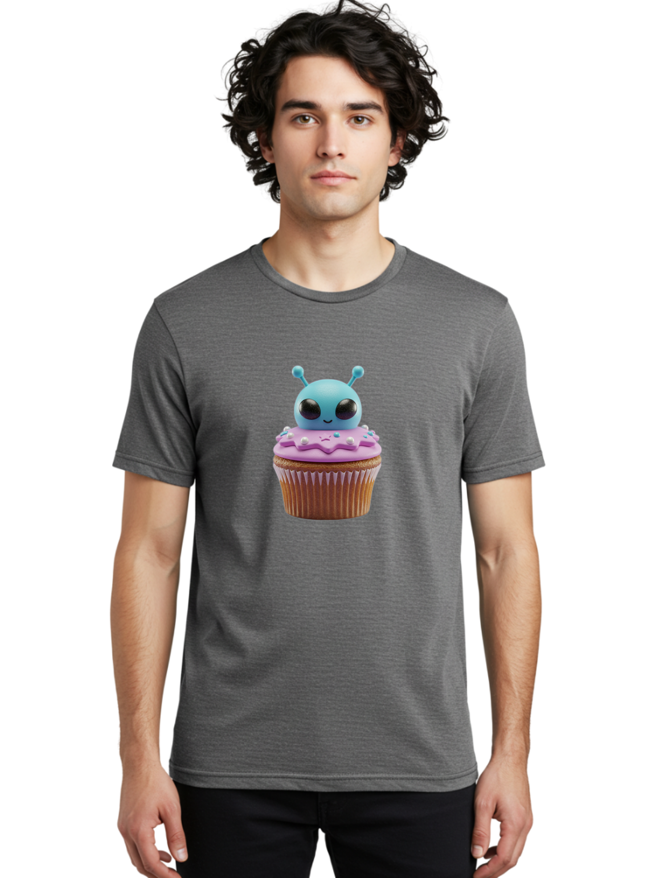 Alien-Cupcake Men'S Graphic Tee, 100% Cotton, Comfortable Casual Summer Wear, Machine Washable, Blue Alien On Top Of Cupcake, Pastel Colors, Whimsical Design, Sweet Treats, Fondant Decoration, Colorful Sprinkles, Dessert Art, Creative Baking Bab625