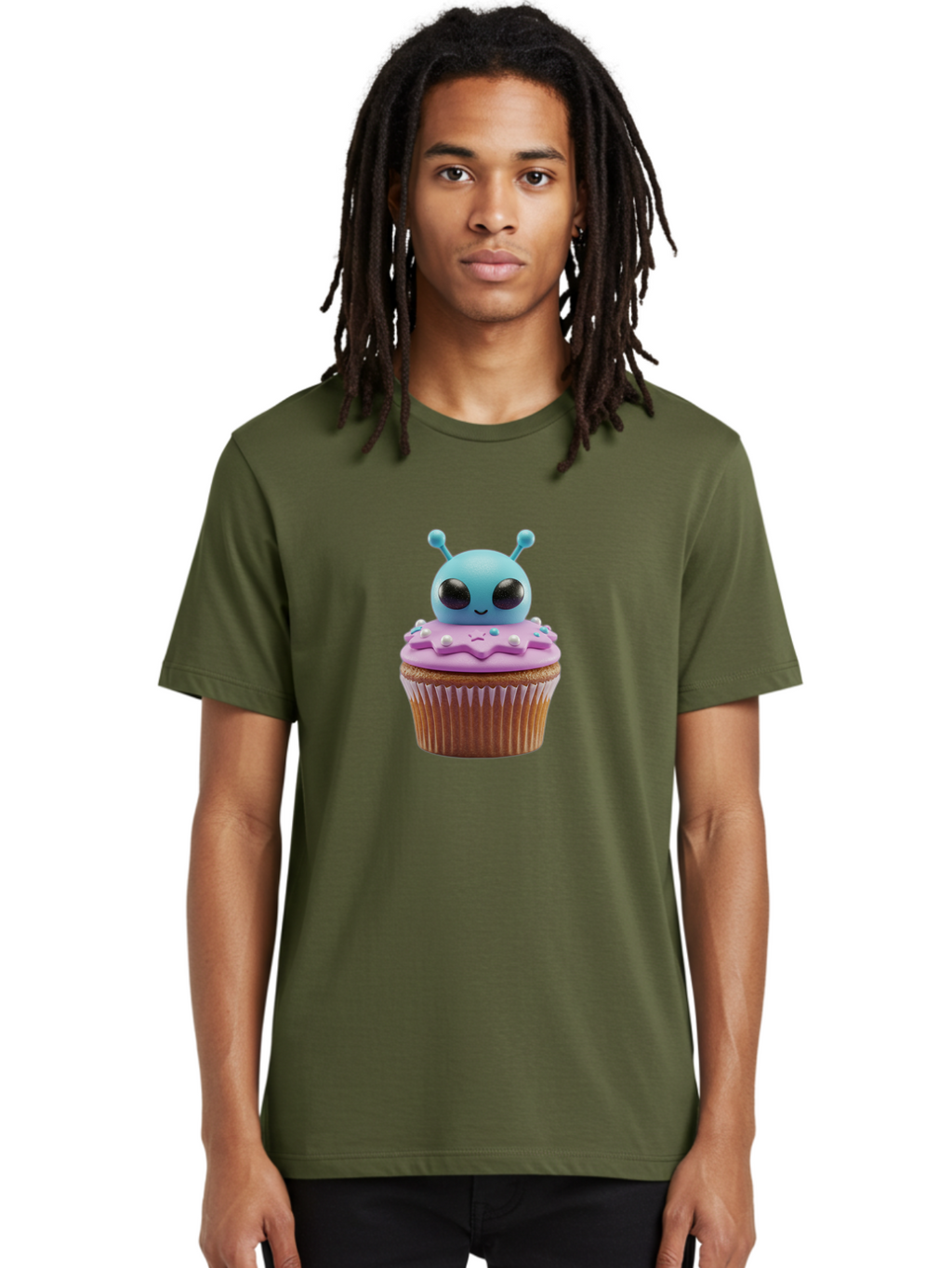 Alien-Cupcake Men'S Graphic Tee, 100% Cotton, Comfortable Casual Summer Wear, Machine Washable, Blue Alien On Top Of Cupcake, Pastel Colors, Whimsical Design, Sweet Treats, Fondant Decoration, Colorful Sprinkles, Dessert Art, Creative Baking Bab625