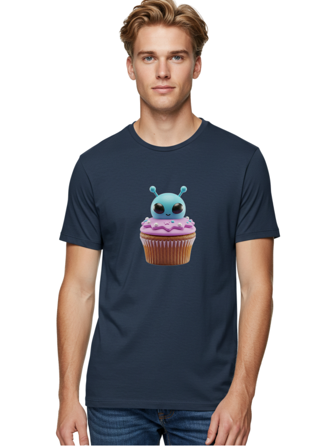 Alien-Cupcake Men'S Graphic Tee, 100% Cotton, Comfortable Casual Summer Wear, Machine Washable, Blue Alien On Top Of Cupcake, Pastel Colors, Whimsical Design, Sweet Treats, Fondant Decoration, Colorful Sprinkles, Dessert Art, Creative Baking Bab625