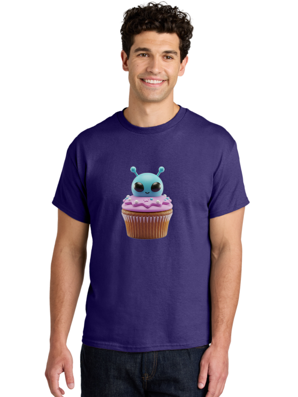 Alien-Cupcake Men'S Graphic Tee, 100% Cotton, Comfortable Casual Summer Wear, Machine Washable, Blue Alien On Top Of Cupcake, Pastel Colors, Whimsical Design, Sweet Treats, Fondant Decoration, Colorful Sprinkles, Dessert Art, Creative Baking Bab625