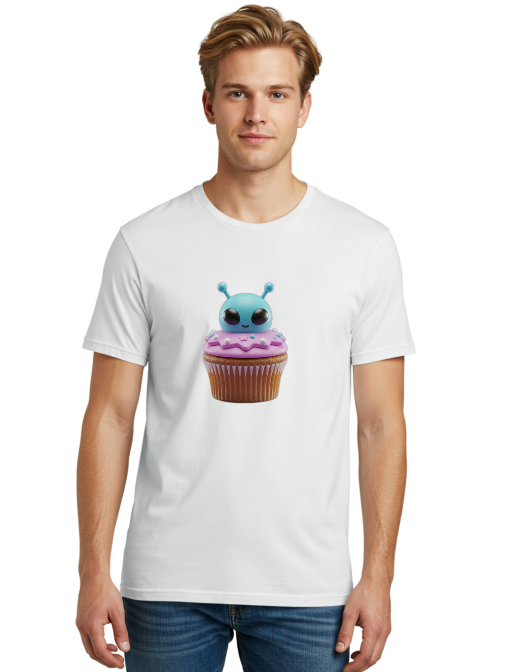 Alien-Cupcake Men'S Graphic Tee, 100% Cotton, Comfortable Casual Summer Wear, Machine Washable, Blue Alien On Top Of Cupcake, Pastel Colors, Whimsical Design, Sweet Treats, Fondant Decoration, Colorful Sprinkles, Dessert Art, Creative Baking Bab625