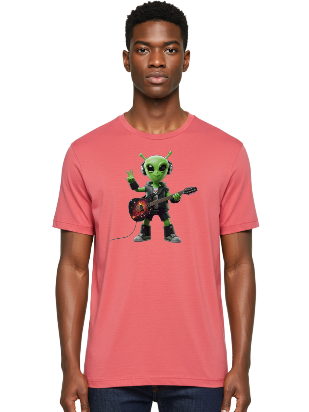 Alien-Guitarist Men'S Graphic Tee, 100% Cotton, Comfortable Casual Summer Wear, Machine Washable, Alien Playing Electric Guitar, Wearing Headphones, Peace Sign Hand Gesture, Galaxy Print Guitar, Rockstar Alien, Futuristic Music, Bab626